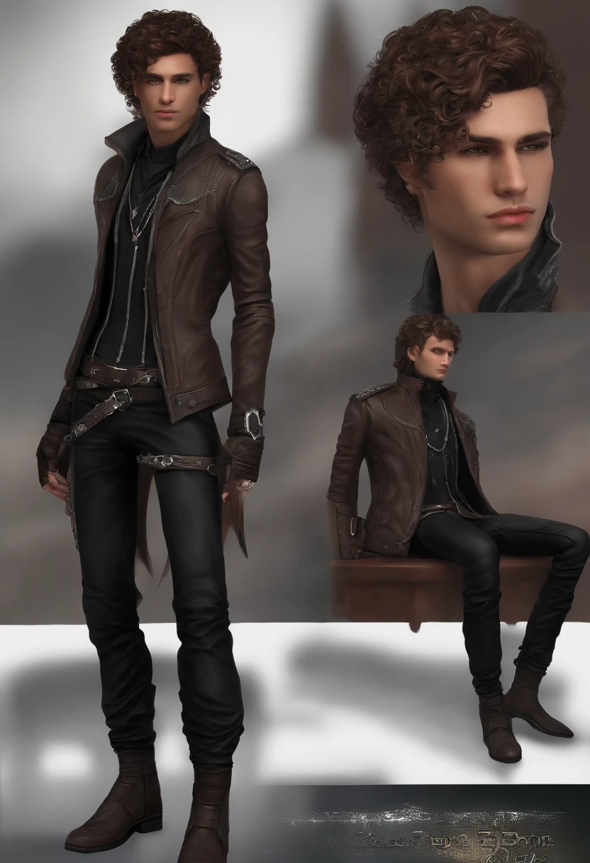 very light brown man, 25 years old, 1.80 tall, thin and strong. Curly short hair with a gradient on the sides, dark brown eyes, with a soft expression. very detailed, real, wearing cyberpunk style, black pants and a black jacket with many red details in it and silver chains, full body, token for tabletop RPG