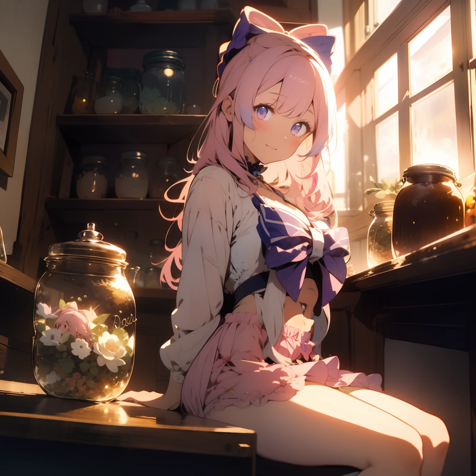 Masterpiece, best quality, super detailed, illustration, medium view, beautiful detailed eyes, ((far view, wide angle 1.31)), (glass jar:1.15),(girl in jar:1.35):(sitting girl), white hair, pink bow, sexy, facing face, big breasts, cleavage, big breasts, blushing, masturbation, Grab your own breasts, Spread your legs, bare legs, Raise your legs, underboob, visible bellybutton, pink hair, bow, purple bow