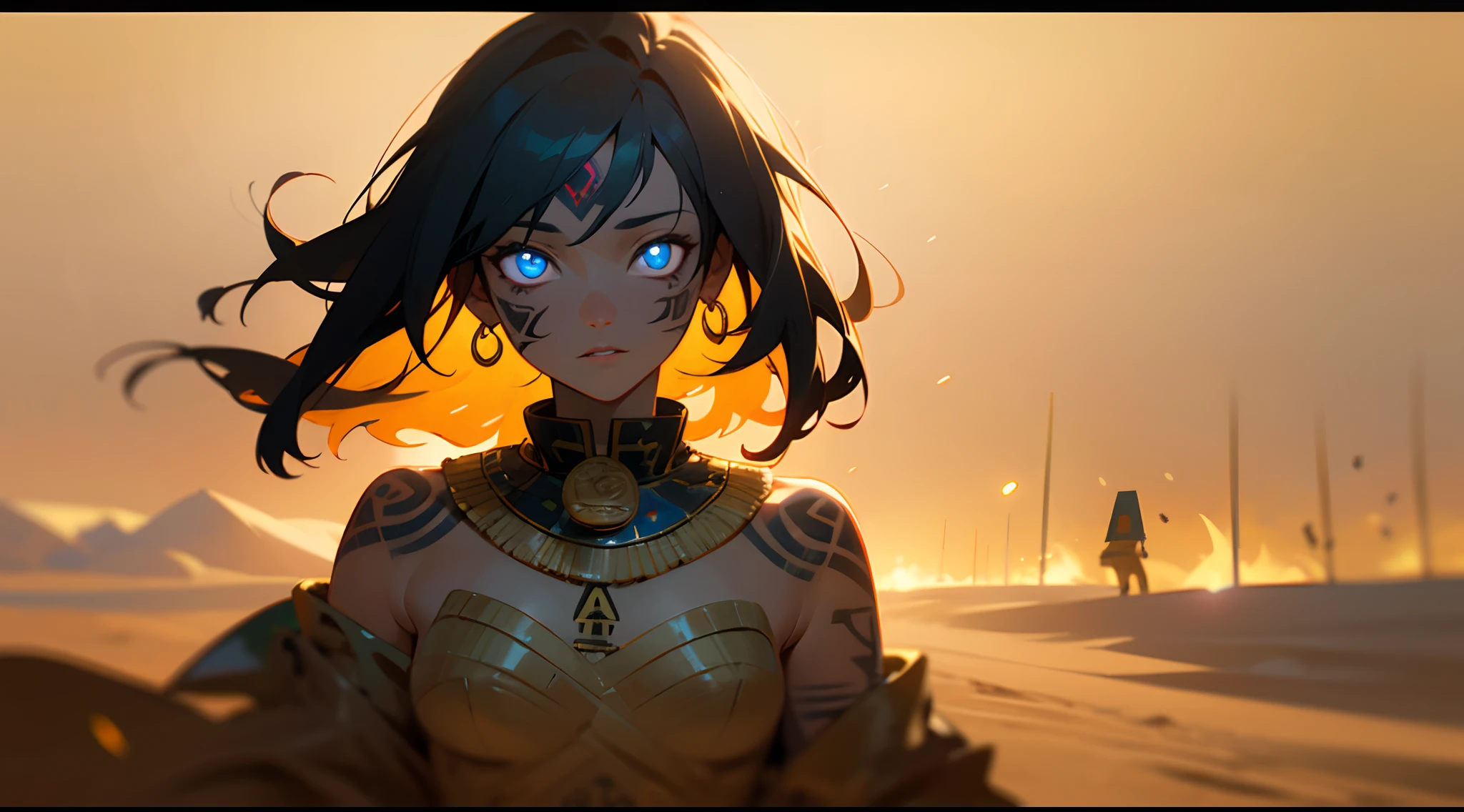 anime woman, tanned skin, egyptian goddess outfit, desert background, black colored hair, small hair, ((glowing blue eyes)), ((Hieroglyphic tattoos)), Gold jewelry, Ankh symbol, Sandstorm effects, Dramatic lighting, Celestial background, sand flying in the wind, hair flying in the wind, realistic lips, sharp focus, 4k masterpiece, beautiful lighting, Regal Posture, Almond-Shaped Eyes, Scarab Amulet, mirage effect, Warm Color Palette, Sand Textures, Wind-Swept Sands, Glittering Sand, HDR, UHD, Depth of Field, Texture Details, Magical Auras, Soft Focus, Particle Effects, Rotate the character's gaze to face the camera directly