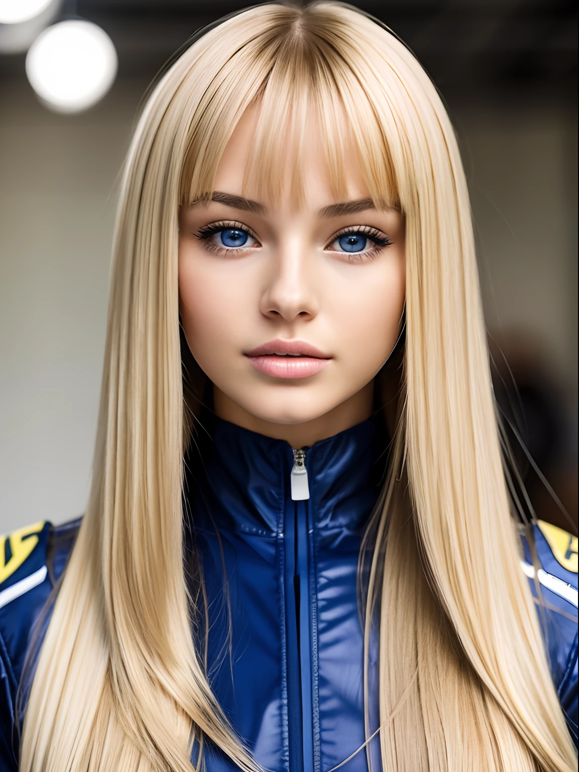 Woman with super long blonde silky straight hair and blue eyes is taking pictures, gorgeous young model, Portrait Sophie Mudd, beautiful female model, cute young woman, Very beautiful bangs、Light illuminating shiny cheeks、Very beautiful young woman, portrait of a beautiful model, Beautiful young girl, Beautiful young woman, a photography of a beautiful woman, face perfect, 16-year-old female model, Beautiful young face, Beautiful blonde girl,race suits, on the circuit