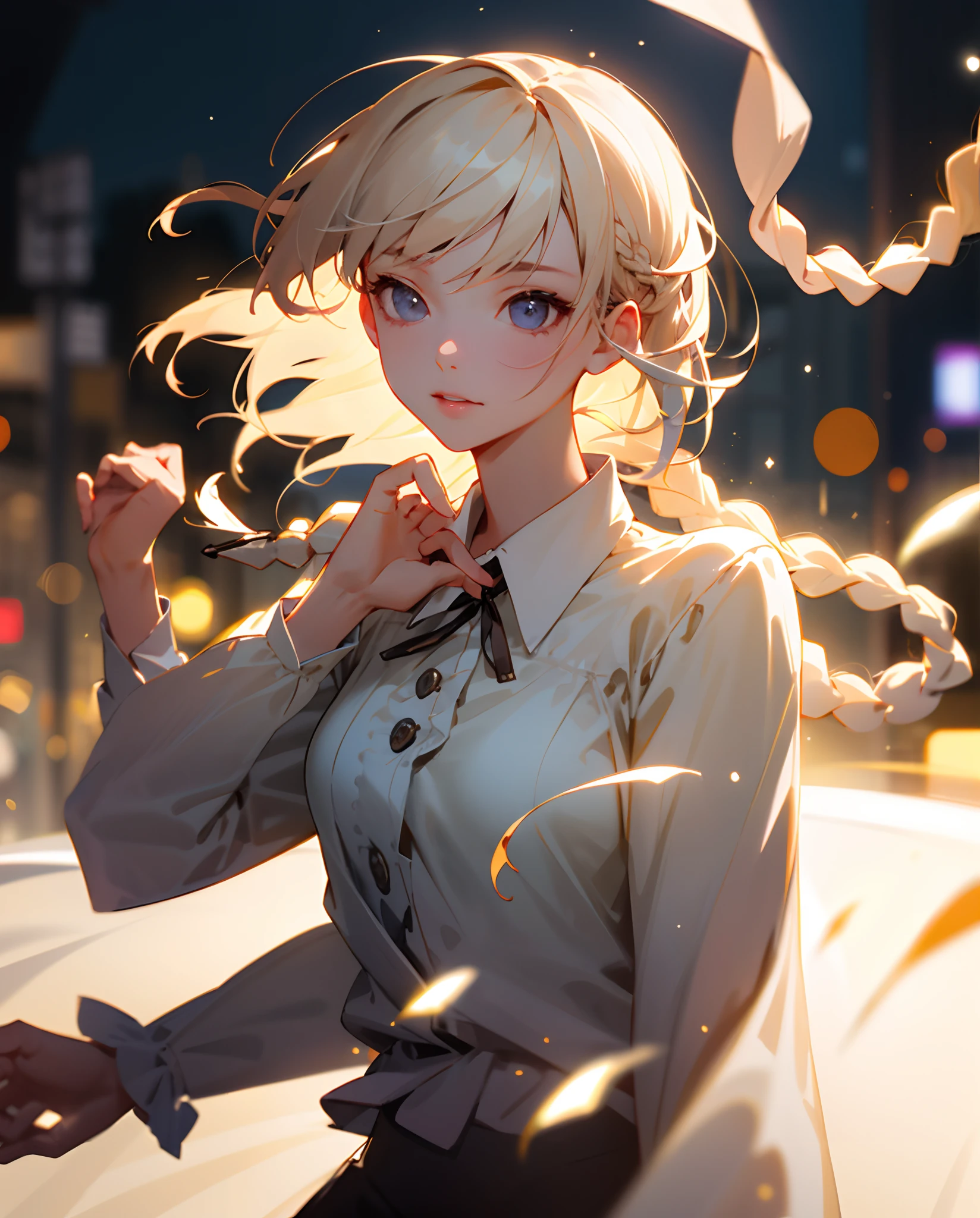Best quality, Photorealistic, 1girll, woman,(skin indentation), Medium breast, (Bright), (Professional lighting, Bokeh), (street), People, crowd of, Braided bangs, (blouse:1.5), (wears:0.8), Gorgeous, full bloom, Floating hair, (Dynamic pose:0.6) , Soft lighting,