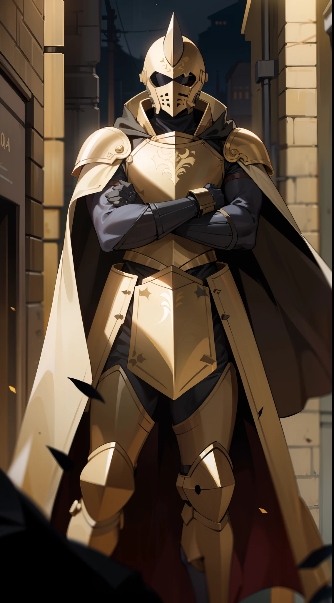 1man,black horn,solo,muscle, golden templar armor,golden helmet, no visible face,masterpiece,best quality,standing in a dark alley of a city at night,crossed arms,,black cape