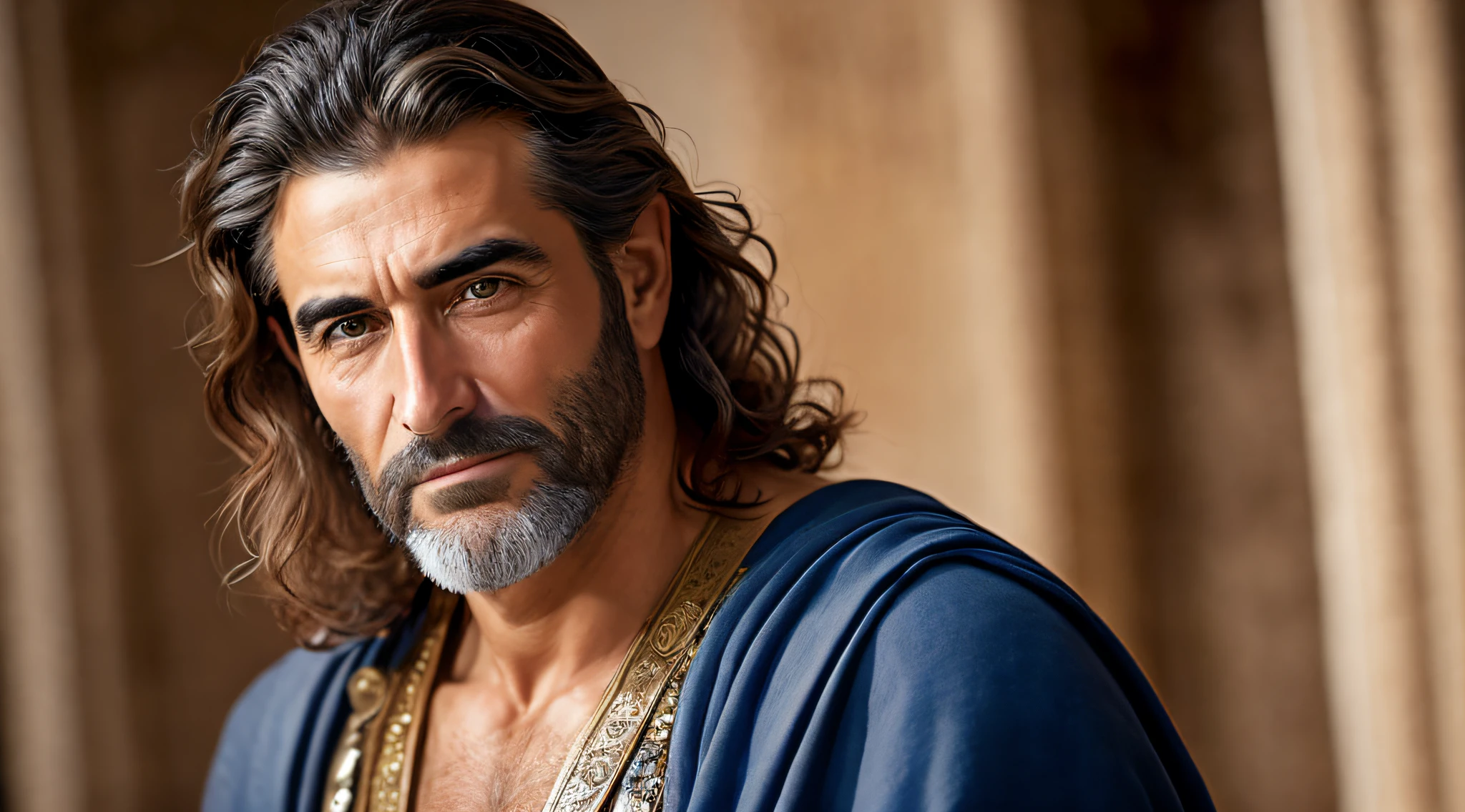 "Half-body photo of a wise and imposing man, de 40 anos, magro, barbudo e com cabelos grisalhos, with a serious expression and an air of experience. highes definition. Inspiration of ancient Greek man."