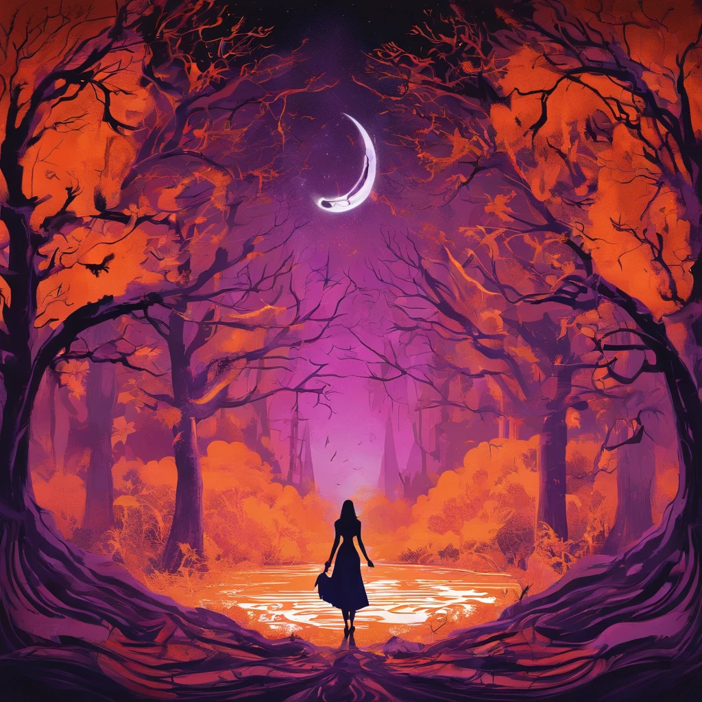 "(best quality, highres, ultra-detailed), The goddess casting mystical glowing spells in a haunted forest, orange and purple hues, portraits, vivid colors, extreme detail description, sharp focus, physically-based rendering, studio lighting, horror, witch, magical, eerie atmosphere, swirling fog, ethereal glow, ancient trees, twisted branches, moonlit sky, mysterious shadows, spellbinding, enchanting, hauntingly beautiful"