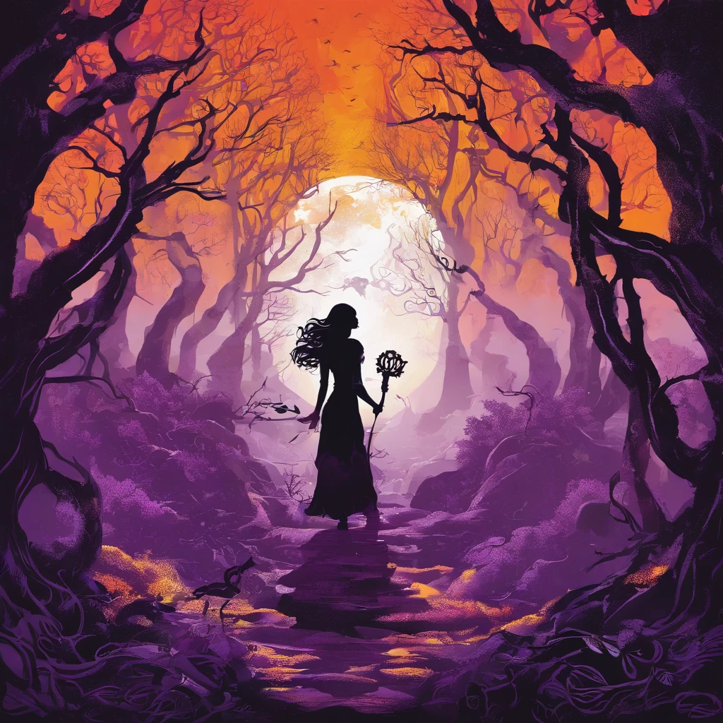 "(best quality, highres, ultra-detailed), The goddess casting mystical glowing spells in a haunted forest, orange and purple hues, portraits, vivid colors, extreme detail description, sharp focus, physically-based rendering, studio lighting, horror, witch, magical, eerie atmosphere, swirling fog, ethereal glow, ancient trees, twisted branches, moonlit sky, mysterious shadows, spellbinding, enchanting, hauntingly beautiful"