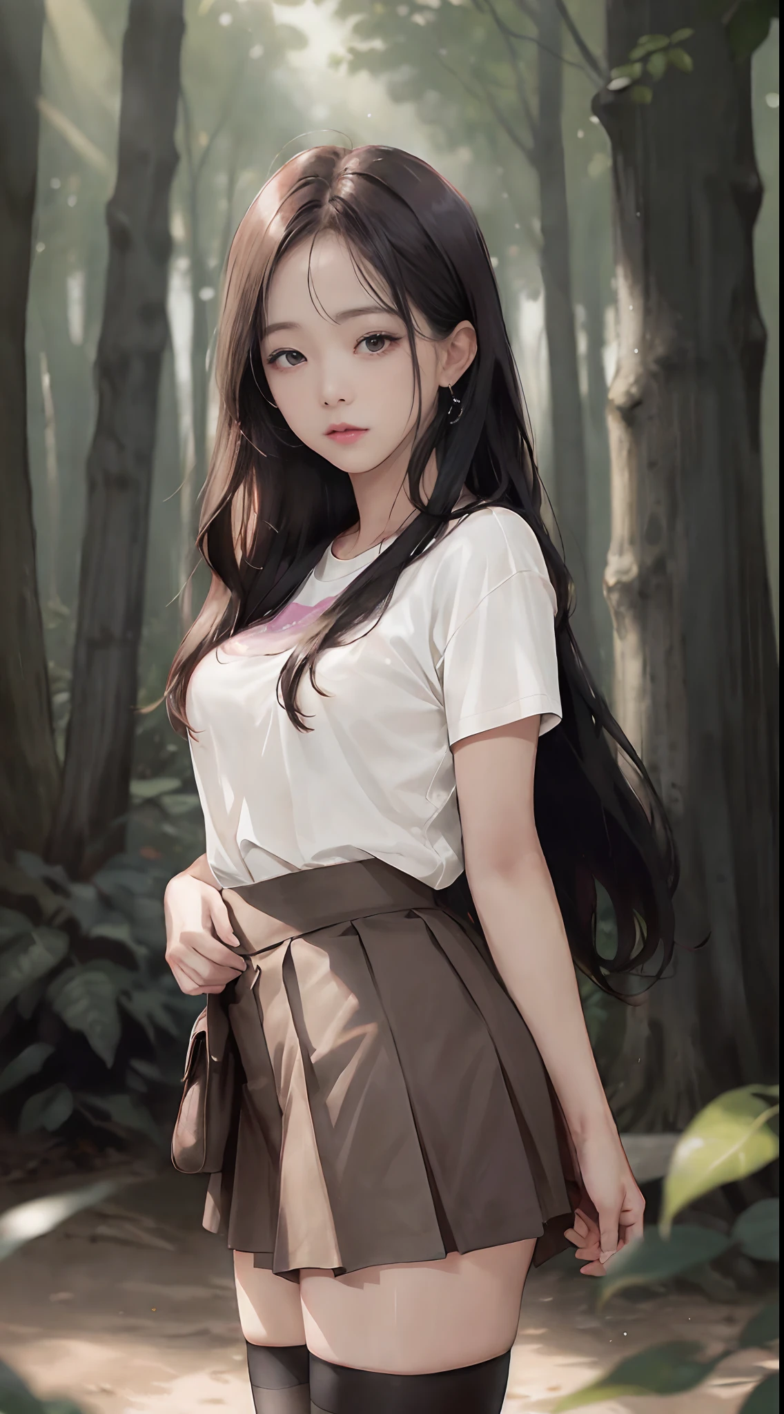 ((Lisa from Blackpink)), t-shirt, tiny pleated skirt, black stockings up to the waist, high heels, close-up from thighs to face, lifting skirt with hands, exposed vagina, very fair skin, very long hair, wavy hair, camp, forest, photorealistic, indirect lighting, volumetric light, ray tracing, hyperdetailed, best quality, high resolution, HDR, 8k