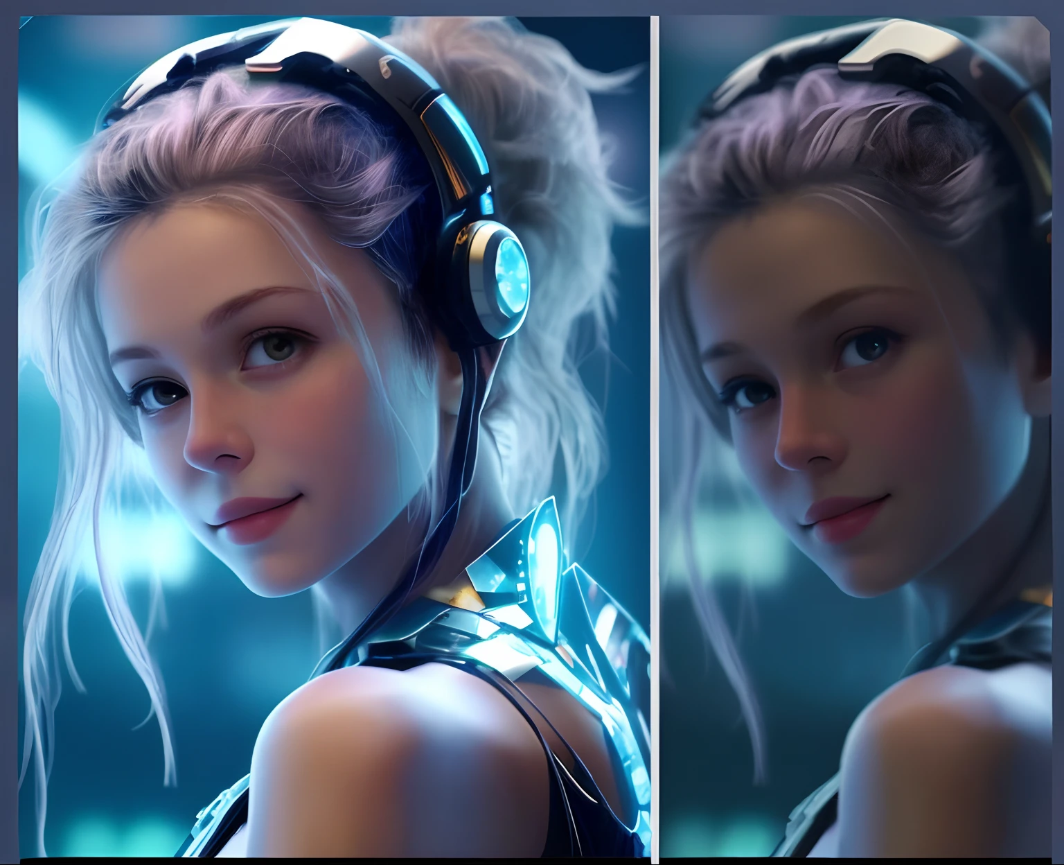 A beautiful American girl，smiling at camera，The picture is half clear and half unreal，Background of technological sense，photorealestic，1600 pixels，complexdetails，Ultra photo realsisim，hyper realisitc，A high resolution，high detal，4k，commerciaphotography