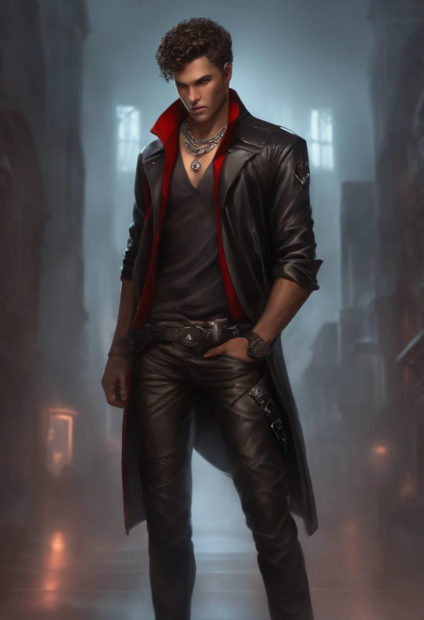 very light brown man, 25 years old, 1.80 tall, thin and strong. Curly short hair with a gradient on the sides, dark brown eyes, with a soft expression. very detailed, real, wearing cyberpunk style, black pants and a black jacket with red interior and silver chains in the pants and around the neck, full body, token for tabletop RPG