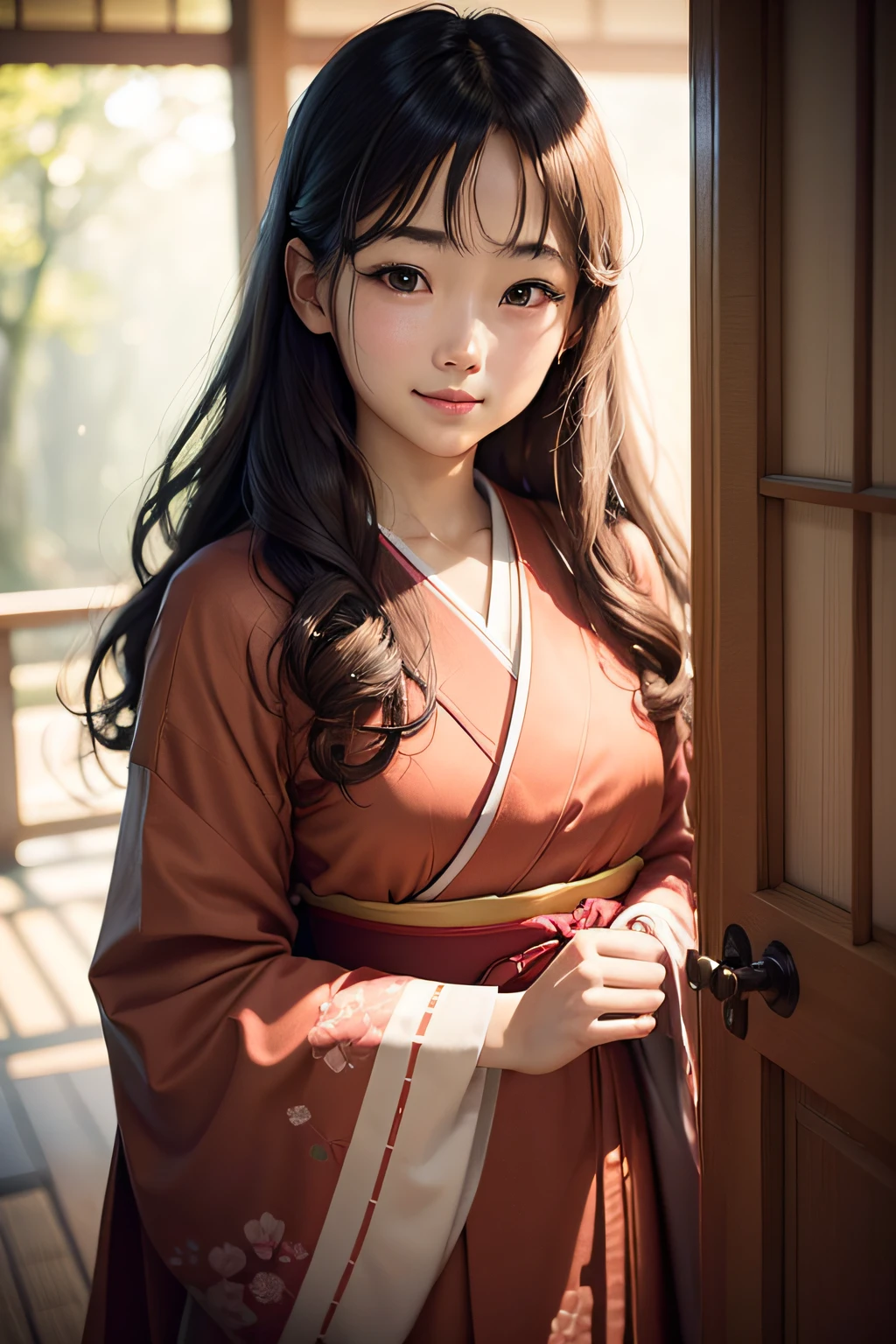 Film Portrait Photography, 1girl in, Japan female, 18 years old、Japanese dress with red pattern, Smiling smile，Wavy shoulder-length hair, Serene, Calm, (Realistic detailed eyes, Natural Skin Texture, Realistic face details), Soft dramatic lighting, depth of fields, Bokeh, vibrant detail, Finely detailed, hyper realisitic, 35mm Film, Hazy blur, filmg,