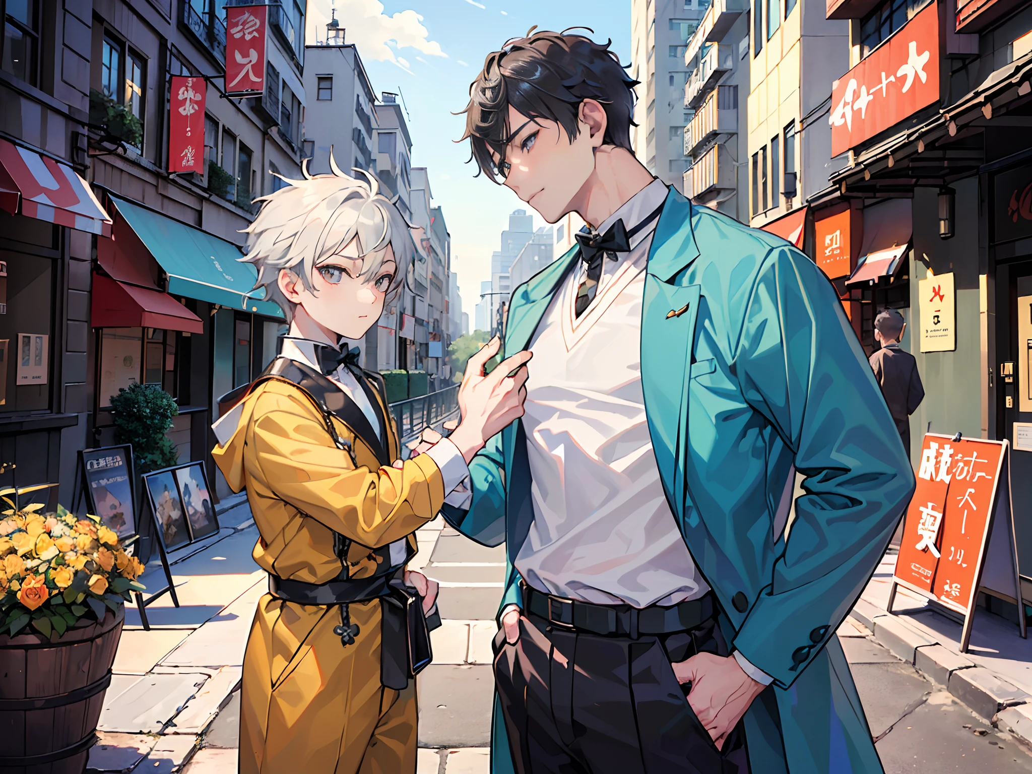 (Masterpiece), (best quality), ((super-detailed)), (shotaoni:1.5),((1 boy and 1 adult mature male)), (gay), looking at another, (The child boy in power)、Adult male obeying the orders of the child Pompous and smug children,NY city boy