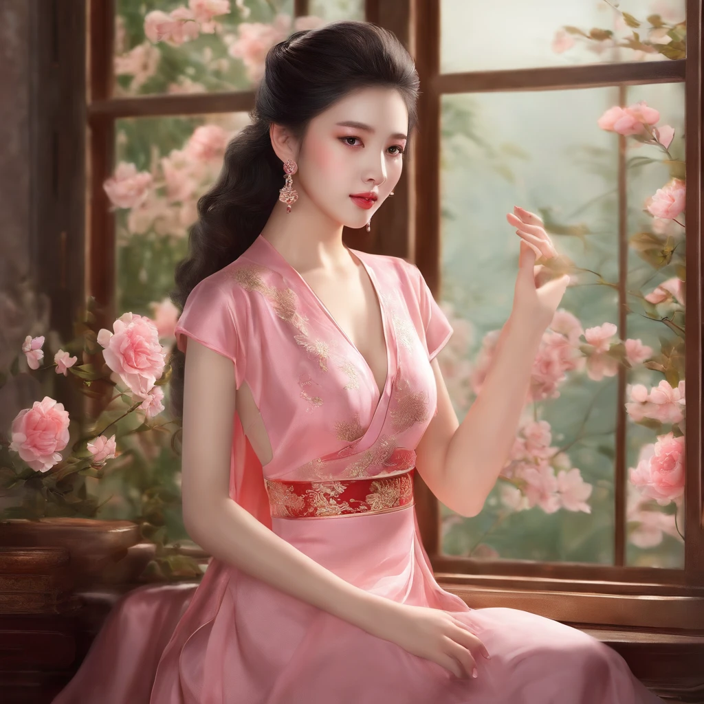 (Masterpiece),(Best quality:1.1),(Ultra-detailed),Best Illustration,finedetail,(Portrait:1.1),(intense close-ups),watercolor paiting)Floating,1girll,Solo,13 years old,Slim,(Extremely delicate and beautiful face),(Detailed beautiful eyes),Thick pink lips,(Disheveled hair),(Wear a pink loose-fitting T-shirt),Soft and lazy,(Simple background:1.2)whole colored background,Clear,A woman in a pale yellow cheongsam in 4K poses in front of a window, Wearing a red cheongsam, Chinese dress, gorgeous chinese models, with acient chinese clothes, sexy gown, Full-body fairy features，There is a tattoo of Guanyin Bodhisattva on the leg，Classical Chinese art，Classical beauty，Hyper-detailing，8K images，k hd，Hyper Real。