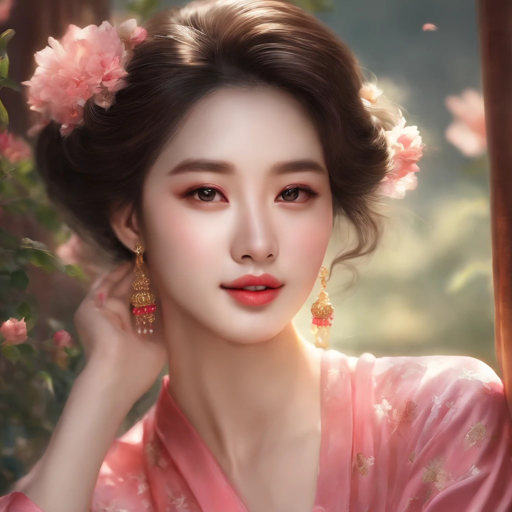 (Masterpiece),(Best quality:1.1),(Ultra-detailed),Best Illustration,finedetail,(Portrait:1.1),(intense close-ups),watercolor paiting)Floating,1girll,Solo,13 years old,Slim,(Extremely delicate and beautiful face),(Detailed beautiful eyes),Thick pink lips,(Disheveled hair),(Wear a pink loose-fitting T-shirt),Soft and lazy,(Simple background:1.2)whole colored background,Clear,A woman in a pale yellow cheongsam in 4K poses in front of a window, Wearing a red cheongsam, Chinese dress, gorgeous chinese models, with acient chinese clothes, sexy gown, Full-body fairy features，There is a tattoo of Guanyin Bodhisattva on the leg，Classical Chinese art，Classical beauty，Hyper-detailing，8K images，k hd，Hyper Real。