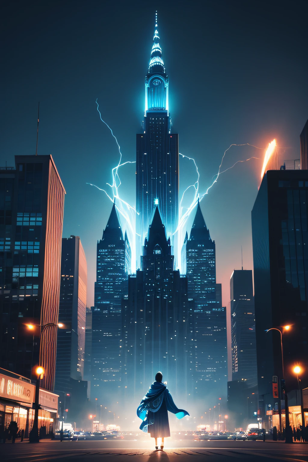 Create the cover of a book with a cinematic vision of a city with cyan blue sparkles and illuminations and the image is centered on a building with a person in a robe on top.