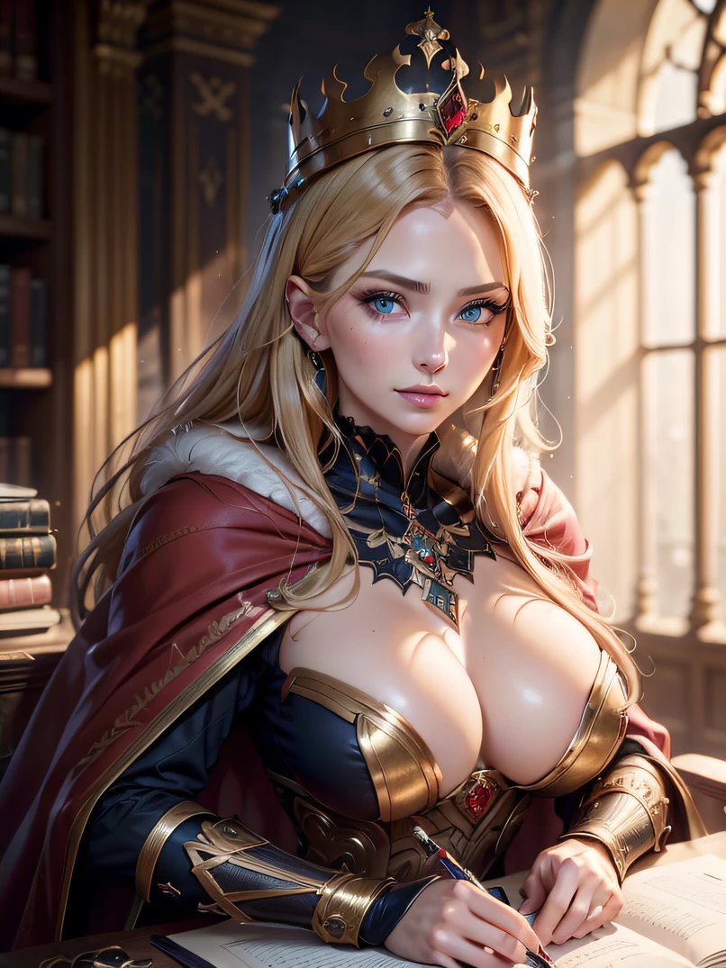 (top-quality、masuter piece:1.3)、reallistic、Realistic、bustshot、face lights、Stunning portrait of a beautiful woman、1人の女性、(Warrior Queen Armor、Fur-lined cape、Luxurious red cloak、Golden crown adorned with precious stones)、Serious、glistning skin、Blonde Beauty、Blue eyes、Sharp eyes、hyperdetailed face、A detailed eye、slim figure、Read books、Write in a note、Detailed hand depiction、Quill pen、desk work、Soft stool、Gothic study of a medieval palace