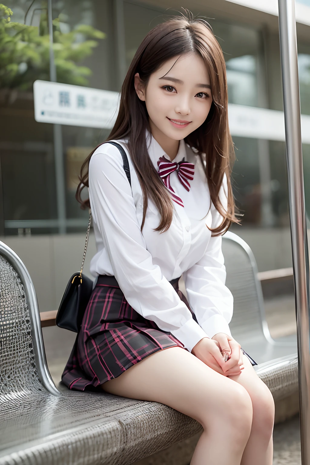 (realisitic、Photorealsitic:1.37)、(masterpiece)、(top-quality:1.4)、(超A high resolution:1.2)、(RAW Photography:1.2)、(foco nítido:1.3)、(Face Focus:1.2)、elegent、(full bodyesbian:1.2)、top-quality、masterpiece、(真实感:1.2)、girl with、brown haired、brown-eyed、frontage、A detailed face、beautidful eyes、Pleated mini skirt uniform、Sitting at the bus stop(1.5)、Biting smile、a lot of eyelashes、high-heels、 Very pretty