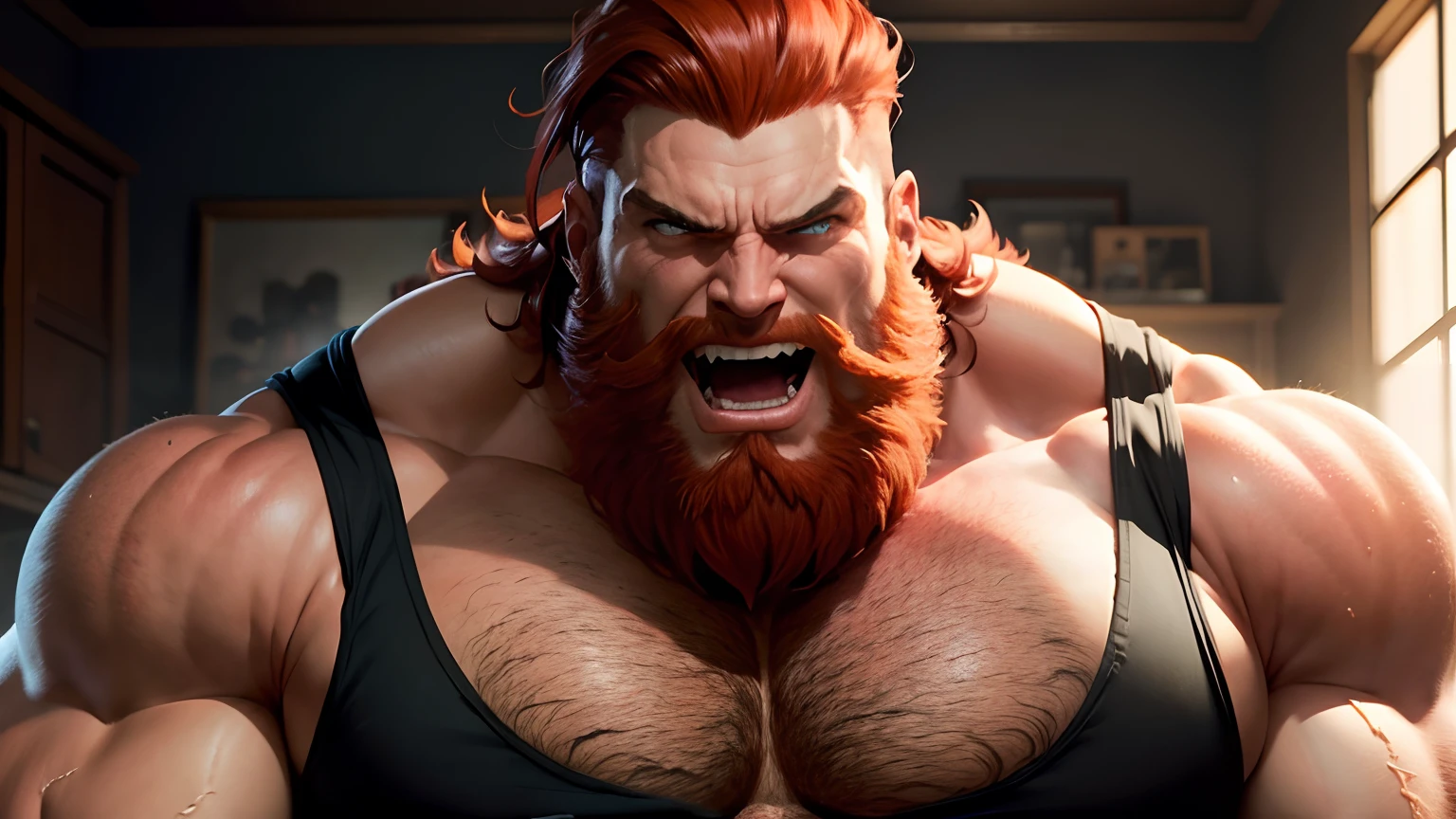 Giant growing huge muscular man large,even bigger, enormous chest, red hair and beard, torn t-shirt, imposing, with an evil gaze,laughing to match,evil and gritty style. looking to a small tiny men.