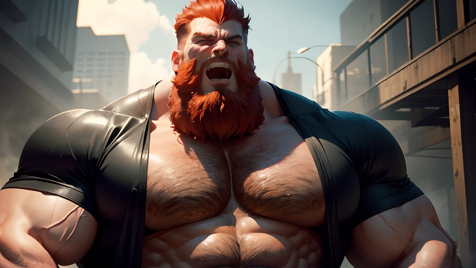 Giant growing huge muscular man large,even bigger, enormous chest, red hair and beard, torn t-shirt, imposing, with an evil gaze,laughing to match,evil and gritty style. looking to a small tiny men.