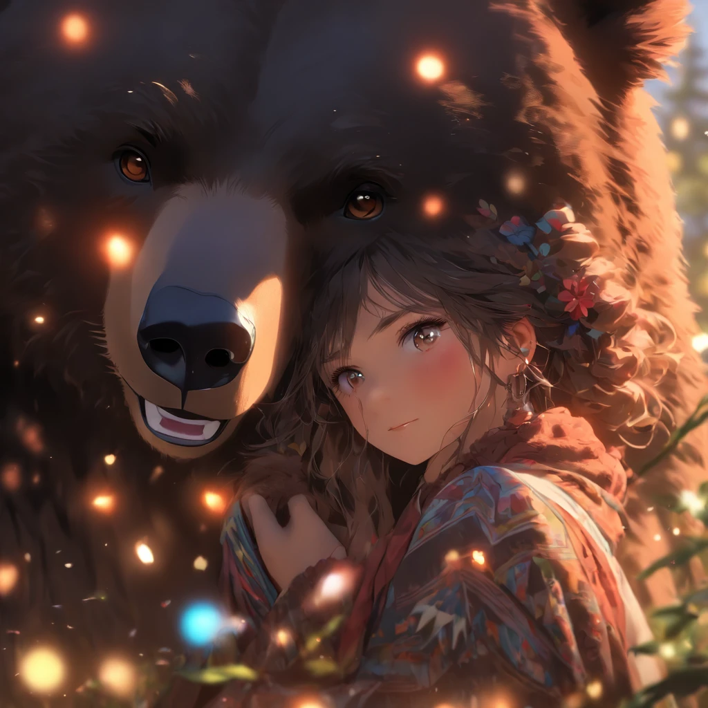A giant wild black bear protects beautiful girl
(Master parts: 1.5) (Fotorrealista: 1.1) (Bokeh) (Best quality) (The skin、pores、Detailed texture of hair: 1.1) (复杂) (8K) (hdr) (Wallpapers) (Cinematic lighting) (foco nítido )