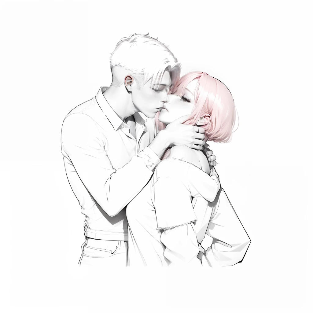 a drawing of a man with short platinum hair, and a woman with long pink hair hugging each other, couple pose, couple in casual outfits, couple kissing, soft and calm pose, large line art