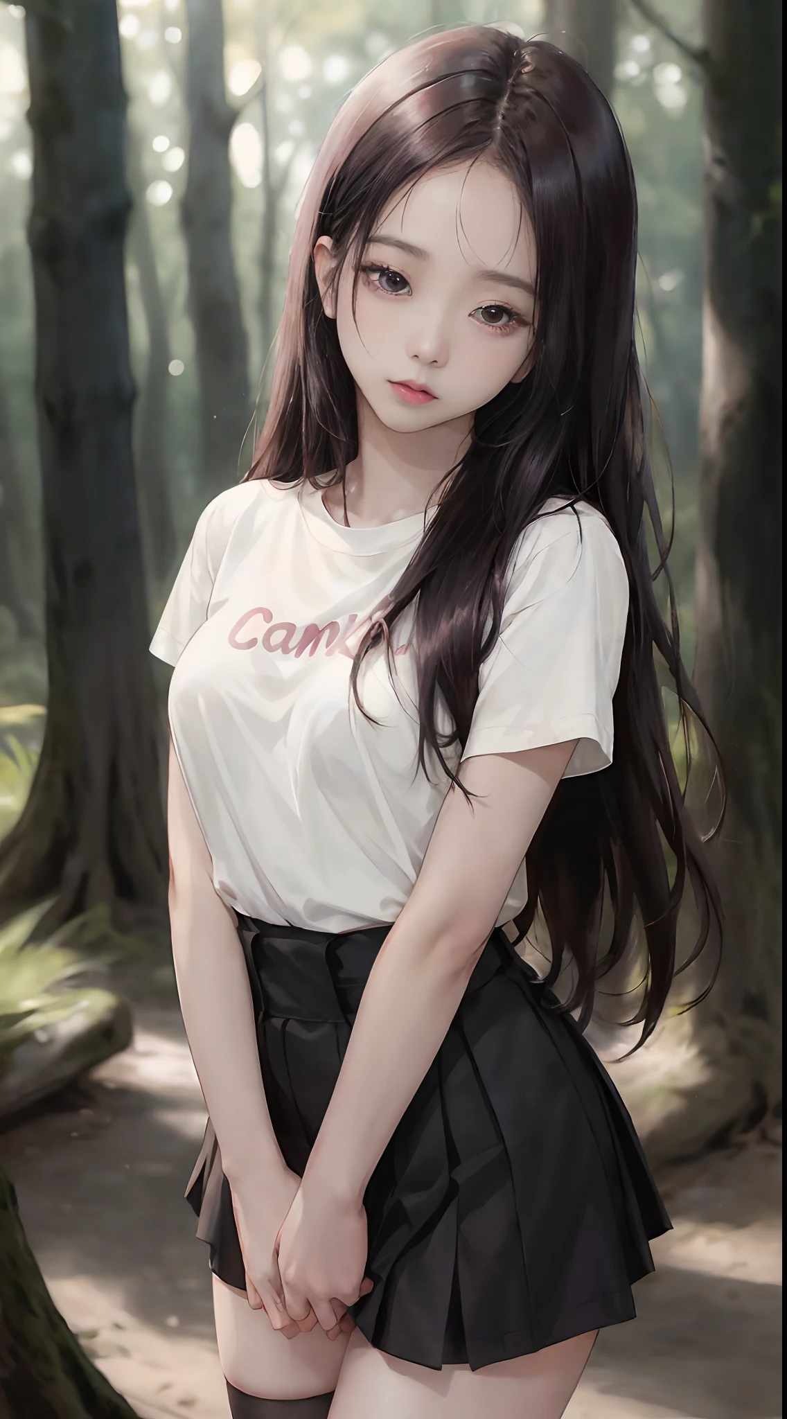 ((Jisoo from Blackpink)), t-shirt, tiny pleated skirt, black stockings up to the waist, high heels, close-up from thighs to face, holding the edge of the skirt with her hands, breasts exposed, very pale skin, very long hair, wavy hair , camp, forest, photorealistic, indirect lighting, volumetric light, ray tracing, hyperdetailed, best quality, high resolution, HDR, 8k