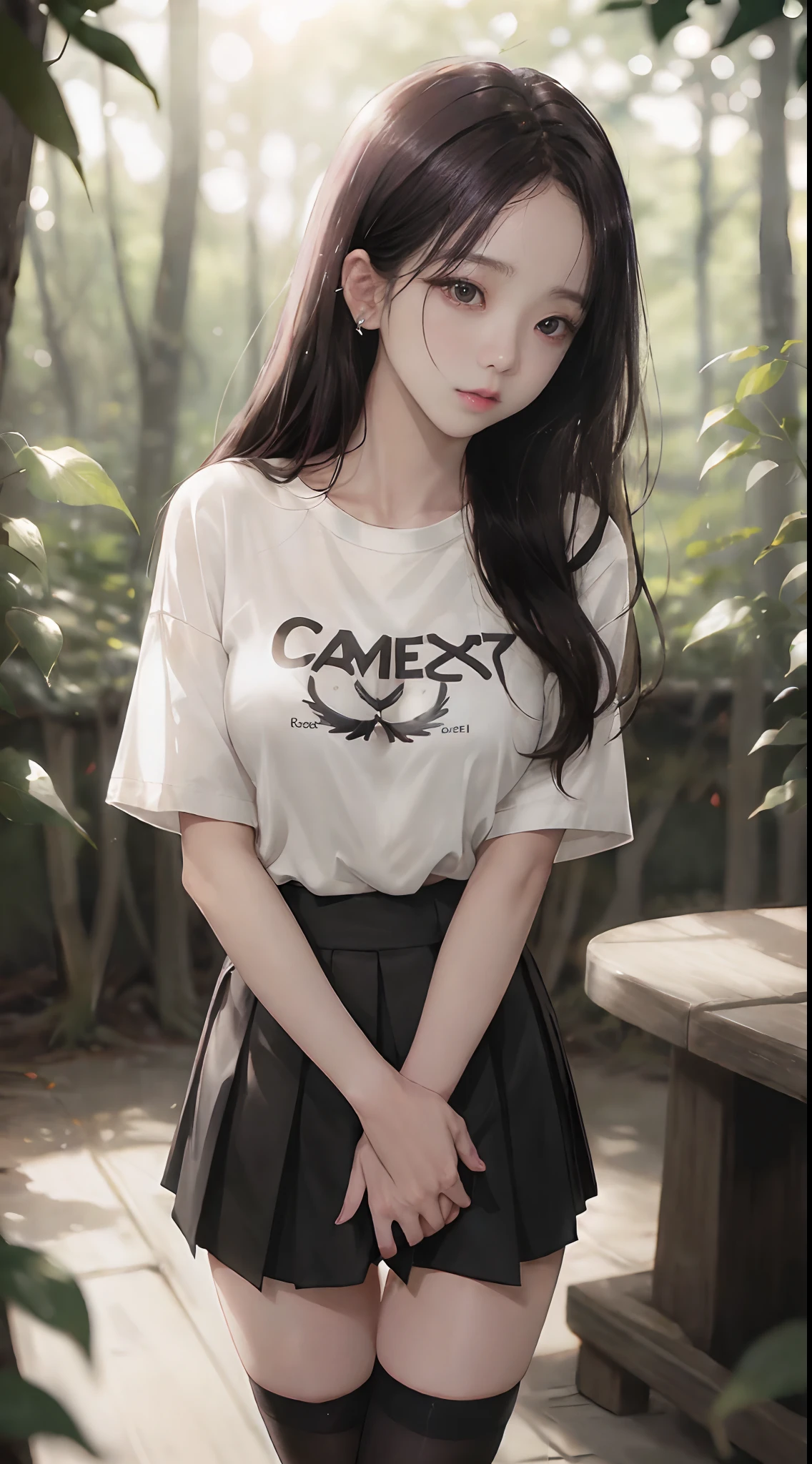 ((Jisoo from Blackpink)), t-shirt, tiny pleated skirt, black stockings up to the waist, high heels, close-up from thighs to face, holding the edge of the skirt with her hands, breasts exposed, very pale skin, very long hair, wavy hair , camp, forest, photorealistic, indirect lighting, volumetric light, ray tracing, hyperdetailed, best quality, high resolution, HDR, 8k