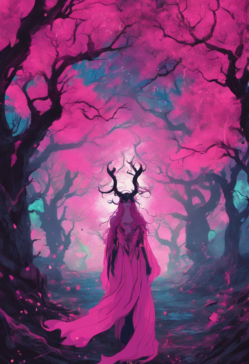 (a pink-haired demon woman,spells:1.1,glowing:1.1)(illustration)(best quality,ultra-detailed,realistic:1.37),demonic witch(demonic:1.1)(magic:1.1)(forest)(dark and mysterious,ominous atmosphere),casting powerful spells,creating magical energy(magic:1.1),vibrant pink hair(swirling pink hair)(flowing pink hair),horns(devil horns:1.1),piercing red eyes,enchanted scepter(magical scepter),elaborate dark robe,glowing magical sigils,fiery embers swirling(magical embers:1.1)(glowing embers),magical aura(glowing aura),eerie shadows,otherworldly presence(presence),sinister smile,nightfall in the background(dark night:1.1)(moonlit forest),lush and dense foliage(twisted trees)(mystical plants:1.1),mystical particles(swirling particles)(floating particles),ethereal glow(ethereal:1.1)(soft glow),faint moonlight breaking through the trees,haunting and captivating(scary atmosphere),bewitching beauty,wide range of colors(vivid colors)(contrasting colors),mystical realm,impressive details,dynamic composition,mesmerizing artwork,photorealistic style(picasso style),impressive shading and lighting,explosive energy,magical atmosphere(fantasy atmosphere),dreamlike scene