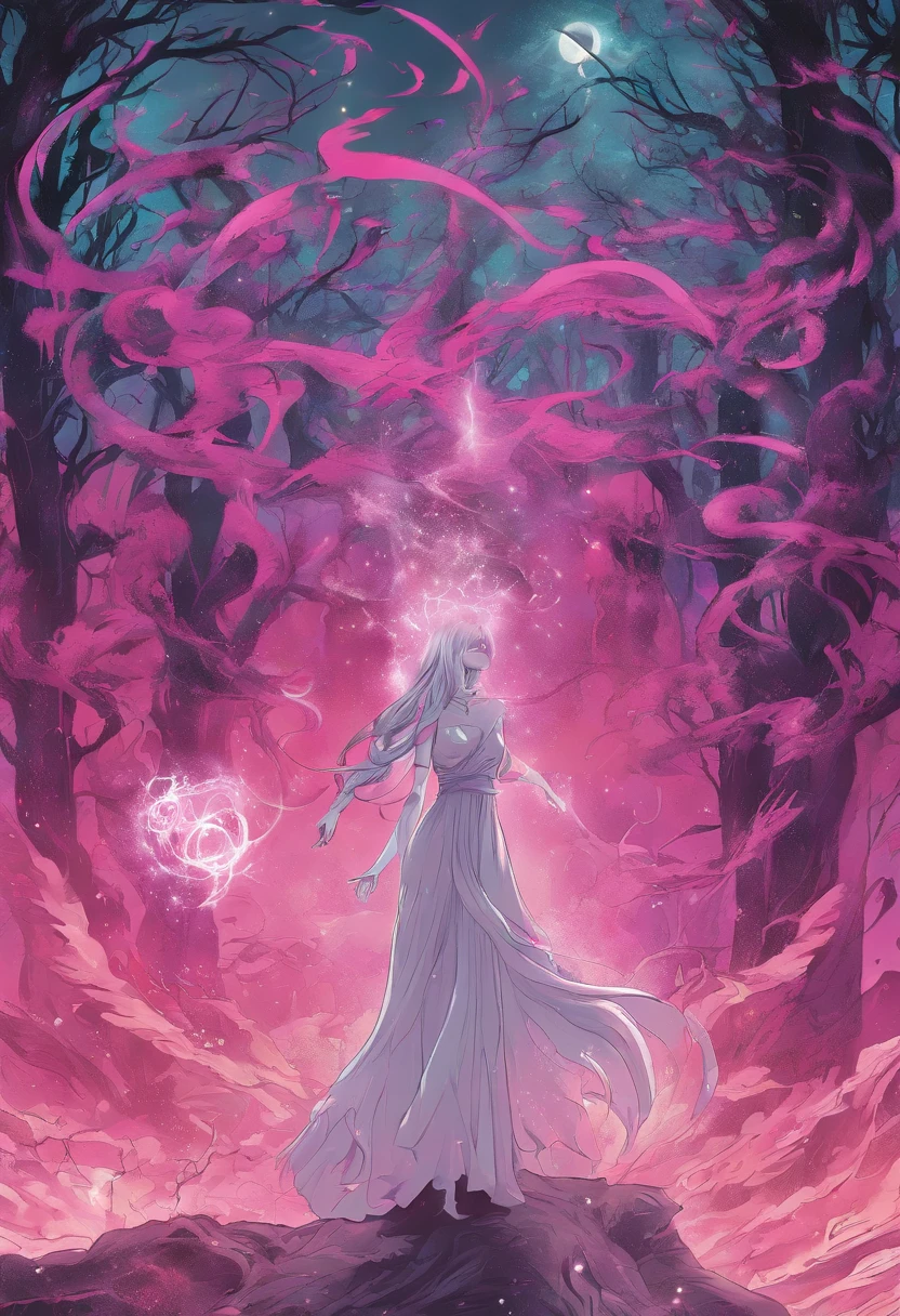 (a pink-haired demon woman,spells:1.1,glowing:1.1)(illustration)(best quality,ultra-detailed,realistic:1.37),demonic witch(demonic:1.1)(magic:1.1)(forest)(dark and mysterious,ominous atmosphere),casting powerful spells,creating magical energy(magic:1.1),vibrant pink hair(swirling pink hair)(flowing pink hair),horns(devil horns:1.1),piercing red eyes,enchanted scepter(magical scepter),elaborate dark robe,glowing magical sigils,fiery embers swirling(magical embers:1.1)(glowing embers),magical aura(glowing aura),eerie shadows,otherworldly presence(presence),sinister smile,nightfall in the background(dark night:1.1)(moonlit forest),lush and dense foliage(twisted trees)(mystical plants:1.1),mystical particles(swirling particles)(floating particles),ethereal glow(ethereal:1.1)(soft glow),faint moonlight breaking through the trees,haunting and captivating(scary atmosphere),bewitching beauty,wide range of colors(vivid colors)(contrasting colors),mystical realm,impressive details,dynamic composition,mesmerizing artwork,photorealistic style(picasso style),impressive shading and lighting,explosive energy,magical atmosphere(fantasy atmosphere),dreamlike scene