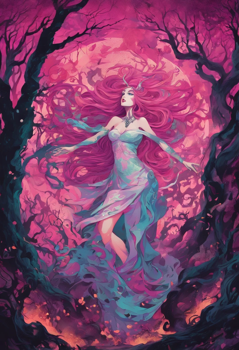 (a pink-haired demon woman,spells:1.1,glowing:1.1)(illustration)(best quality,ultra-detailed,realistic:1.37),demonic witch(demonic:1.1)(magic:1.1)(forest)(dark and mysterious,ominous atmosphere),casting powerful spells,creating magical energy(magic:1.1),vibrant pink hair(swirling pink hair)(flowing pink hair),horns(devil horns:1.1),piercing red eyes,enchanted scepter(magical scepter),elaborate dark robe,glowing magical sigils,fiery embers swirling(magical embers:1.1)(glowing embers),magical aura(glowing aura),eerie shadows,otherworldly presence(presence),sinister smile,nightfall in the background(dark night:1.1)(moonlit forest),lush and dense foliage(twisted trees)(mystical plants:1.1),mystical particles(swirling particles)(floating particles),ethereal glow(ethereal:1.1)(soft glow),faint moonlight breaking through the trees,haunting and captivating(scary atmosphere),bewitching beauty,wide range of colors(vivid colors)(contrasting colors),mystical realm,impressive details,dynamic composition,mesmerizing artwork,photorealistic style(picasso style),impressive shading and lighting,explosive energy,magical atmosphere(fantasy atmosphere),dreamlike scene