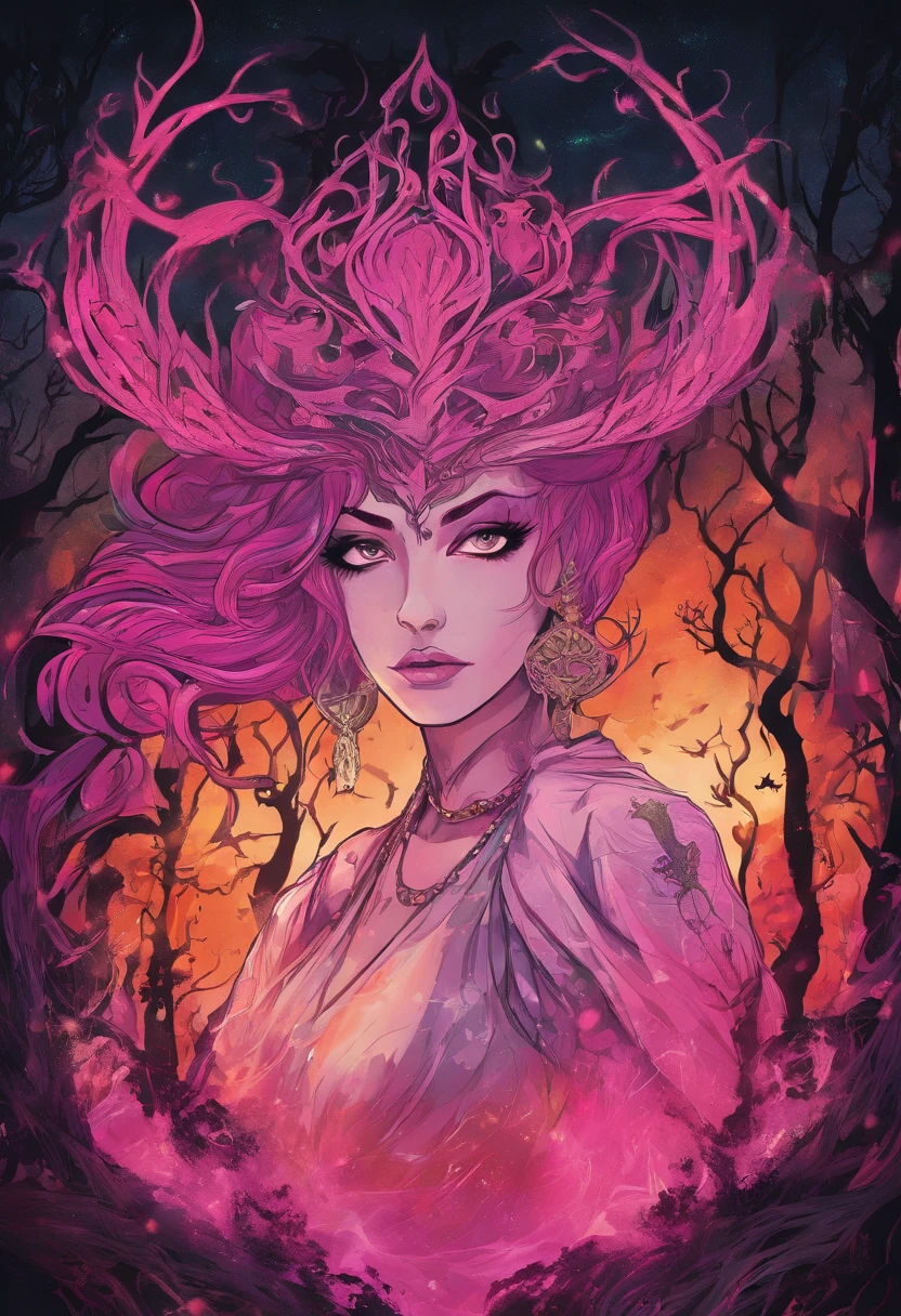 (a pink-haired demon woman,spells:1.1,glowing:1.1)(illustration)(best quality,ultra-detailed,realistic:1.37),demonic witch(demonic:1.1)(magic:1.1)(forest)(dark and mysterious,ominous atmosphere),casting powerful spells,creating magical energy(magic:1.1),vibrant pink hair(swirling pink hair)(flowing pink hair),horns(devil horns:1.1),piercing red eyes,enchanted scepter(magical scepter),elaborate dark robe,glowing magical sigils,fiery embers swirling(magical embers:1.1)(glowing embers),magical aura(glowing aura),eerie shadows,otherworldly presence(presence),sinister smile,nightfall in the background(dark night:1.1)(moonlit forest),lush and dense foliage(twisted trees)(mystical plants:1.1),mystical particles(swirling particles)(floating particles),ethereal glow(ethereal:1.1)(soft glow),faint moonlight breaking through the trees,haunting and captivating(scary atmosphere),bewitching beauty,wide range of colors(vivid colors)(contrasting colors),mystical realm,impressive details,dynamic composition,mesmerizing artwork,photorealistic style(picasso style),impressive shading and lighting,explosive energy,magical atmosphere(fantasy atmosphere),dreamlike scene