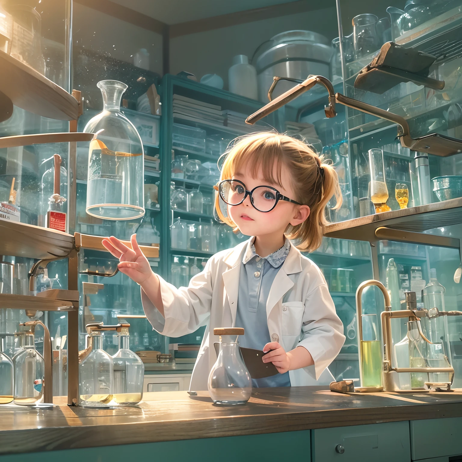 1 , adorable, wears glasses, wears a white lab coat, Holding a round-bottom flask in the chemistry lab, There is a test tube rack on the front, The glass case has medicines, Sunlight outside the window,