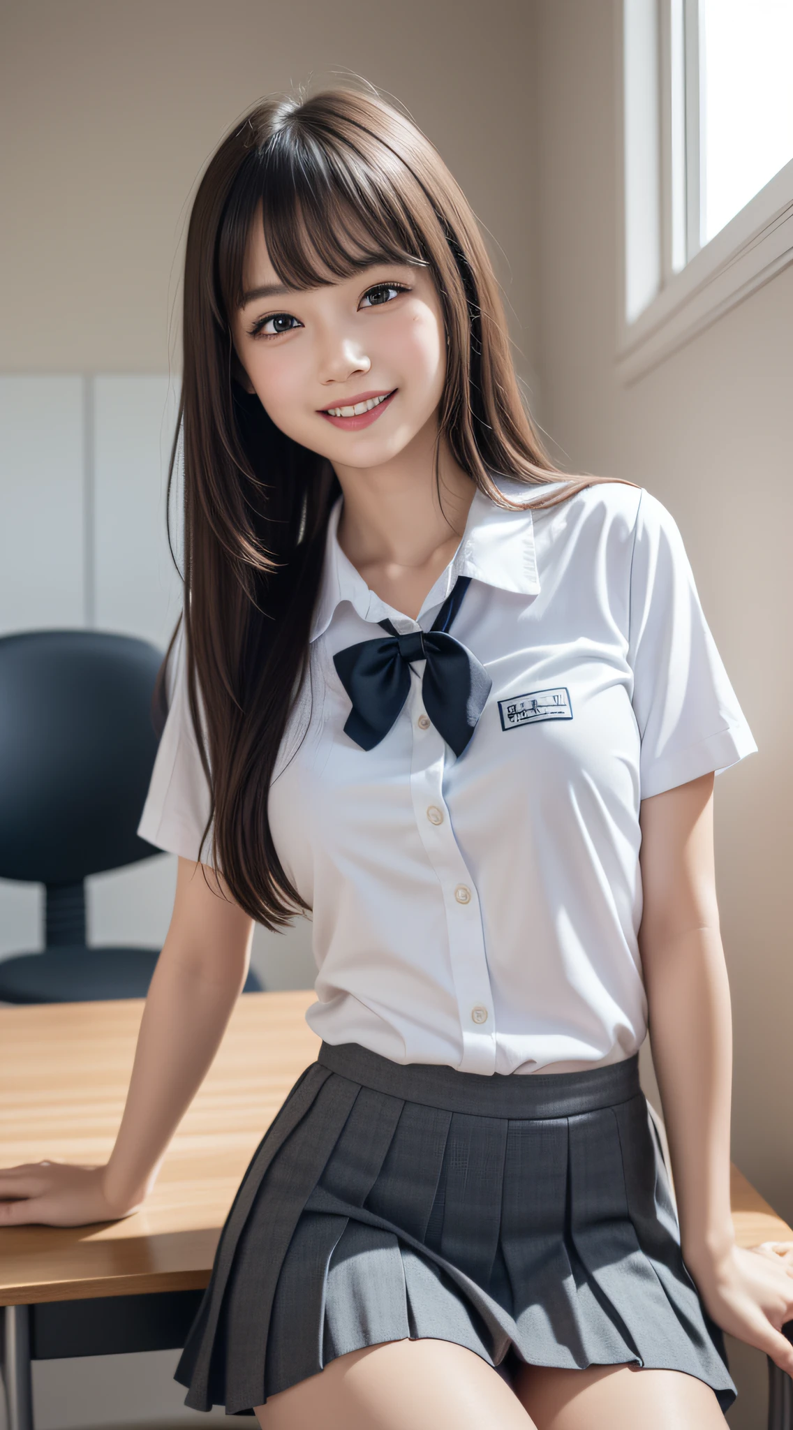ung girl, laugh shyly, (highly detailed eyes, highly detailed hair, highly detailed face), extremely detailed CG unified 8k wallpaper, Highly detailed, High-definition raw color photos, Professional Photography, Realistic portrait, Cinematic Light, Bangs, (Beautiful breasts), (High school uniform with wide open breasts:1.2), (Pleated mini skirt:1.2), (sheer panties:1.1), School, desk, chair, blackboard, window, (view from below1.2)