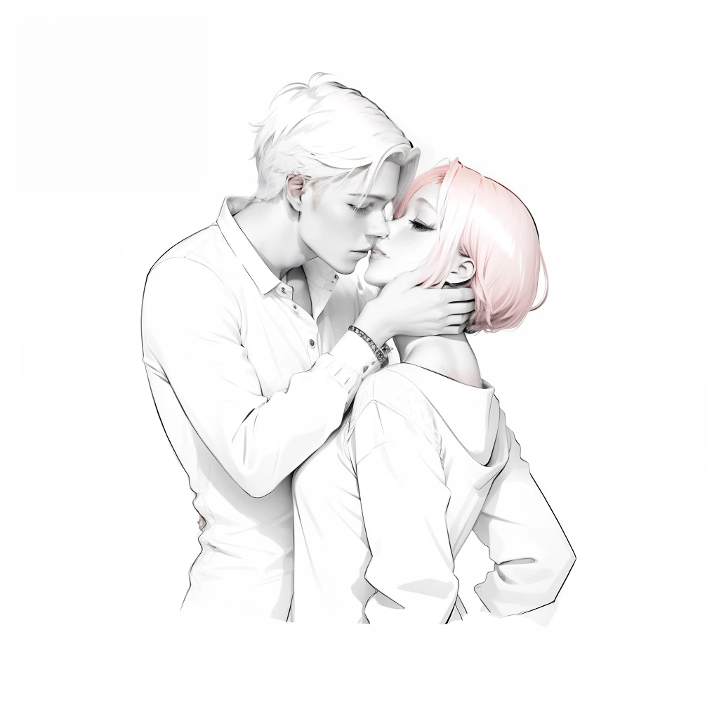um desenho de um homem Cabelo platinado curto)) e uma mulher de cabelos rosas longos hugging each other, pose de casal, casal com trajes casuais, casal se beijando, pose suave e calma, arte de linha grossa, beijos juntos, arte realista, Fazendo Fora, pose apaixonada, arte de uma linha, Arte de linha intensa, Arte realista, beijando juntos fofos