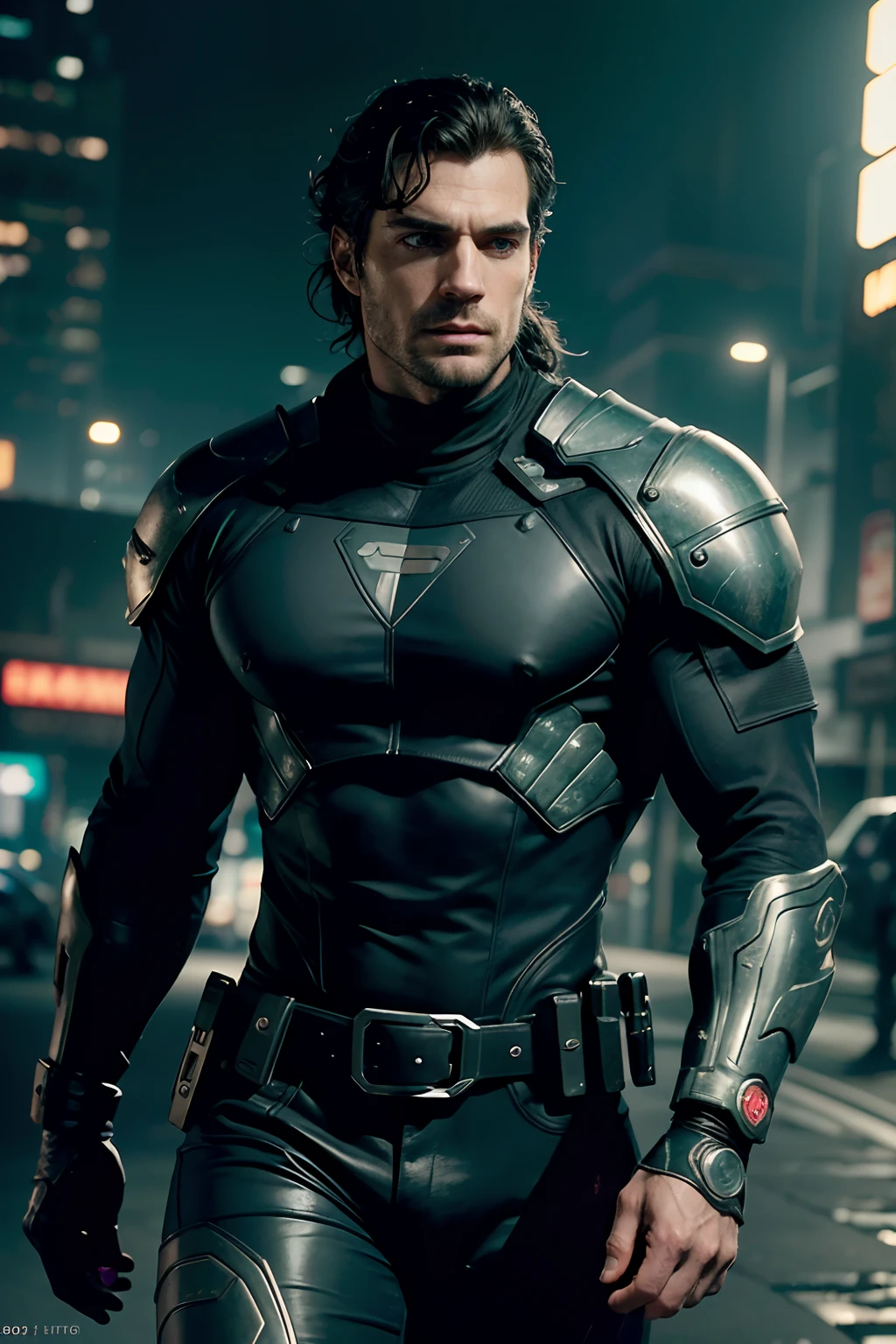 Henry Cavill as cyberpunk bounty hunter, arm with a cyberpunk weapon, glowing lights, (dynamic pose), (hyper realistic:1.4), (realistic:1.3), (best quality real texture skin), full body, (Cinematic Light), highly detailed skin, skin pores, (highly detailed face:1.1), (highly detailed eyes:1.1), realistic pupils, (perfect anatomy:1.1), (perfect proportions:1.1), (photography:1.1), (photorealistic:1.1), volumetric lighting, dynamic lighting, real shadows, (highres:1.1), sharp focus, daylight, (realistic, hyperrealistic:1.4), intricate, high detail, dramatic, subsurface scattering, big depth of field, vivid, polished, sharpened, ((full Sharp)), (extremely absurdres),8k hdr,