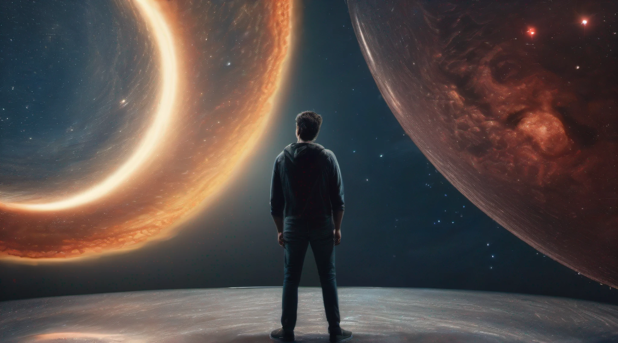 a man stand in front of universe , intrinsic details,masterpiece,hyper realistic, hd, 8k