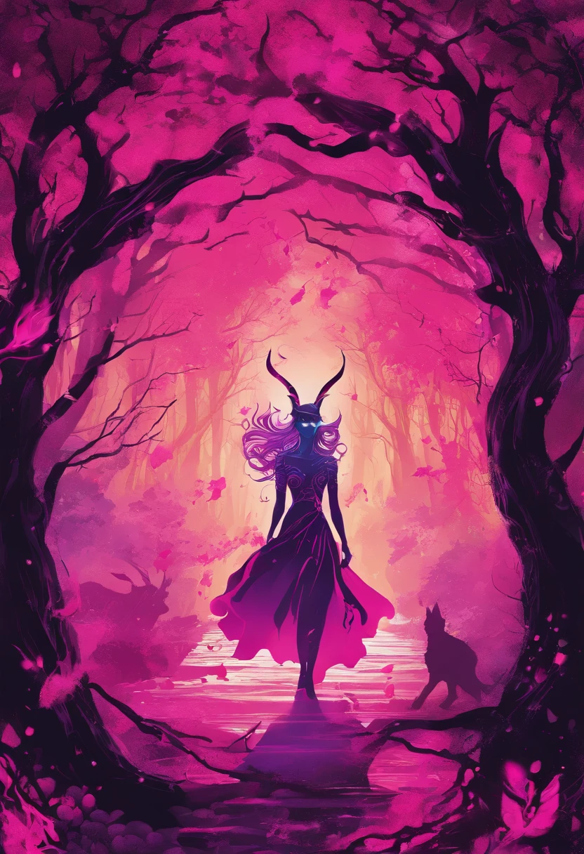 (a pink-haired demon woman,spells:1.1,glowing:1.1)(illustration)(best quality,ultra-detailed,realistic:1.37),demonic witch(demonic:1.1)(magic:1.1)(forest)(dark and mysterious,ominous atmosphere),casting powerful spells,creating magical energy(magic:1.1),vibrant pink hair(swirling pink hair)(flowing pink hair),horns(devil horns:1.1),piercing red eyes,enchanted scepter(magical scepter),elaborate dark robe,glowing magical sigils,fiery embers swirling(magical embers:1.1)(glowing embers),magical aura(glowing aura),eerie shadows,otherworldly presence(presence),sinister smile,nightfall in the background(dark night:1.1)(moonlit forest),lush and dense foliage(twisted trees)(mystical plants:1.1),mystical particles(swirling particles)(floating particles),ethereal glow(ethereal:1.1)(soft glow),faint moonlight breaking through the trees,haunting and captivating(scary atmosphere),bewitching beauty,wide range of colors(vivid colors)(contrasting colors),mystical realm,impressive details,dynamic composition,mesmerizing artwork,photorealistic style(picasso style),impressive shading and lighting,explosive energy,magical atmosphere(fantasy atmosphere),dreamlike scene