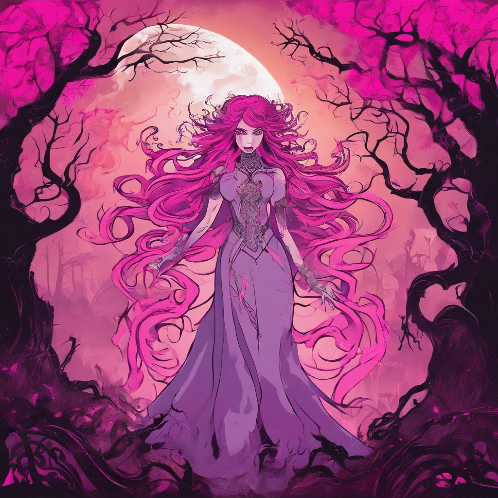 (a pink-haired demon woman,spells:1.1,glowing:1.1)(illustration)(best quality,ultra-detailed,realistic:1.37),demonic witch(demonic:1.1)(magic:1.1)(forest)(dark and mysterious,ominous atmosphere),casting powerful spells,creating magical energy(magic:1.1),vibrant pink hair(swirling pink hair)(flowing pink hair),horns(devil horns:1.1),piercing red eyes,enchanted scepter(magical scepter),elaborate dark robe,glowing magical sigils,fiery embers swirling(magical embers:1.1)(glowing embers),magical aura(glowing aura),eerie shadows,otherworldly presence(presence),sinister smile,nightfall in the background(dark night:1.1)(moonlit forest),lush and dense foliage(twisted trees)(mystical plants:1.1),mystical particles(swirling particles)(floating particles),ethereal glow(ethereal:1.1)(soft glow),faint moonlight breaking through the trees,haunting and captivating(scary atmosphere),bewitching beauty,wide range of colors(vivid colors)(contrasting colors),mystical realm,impressive details,dynamic composition,mesmerizing artwork,photorealistic style(picasso style),impressive shading and lighting,explosive energy,magical atmosphere(fantasy atmosphere),dreamlike scene