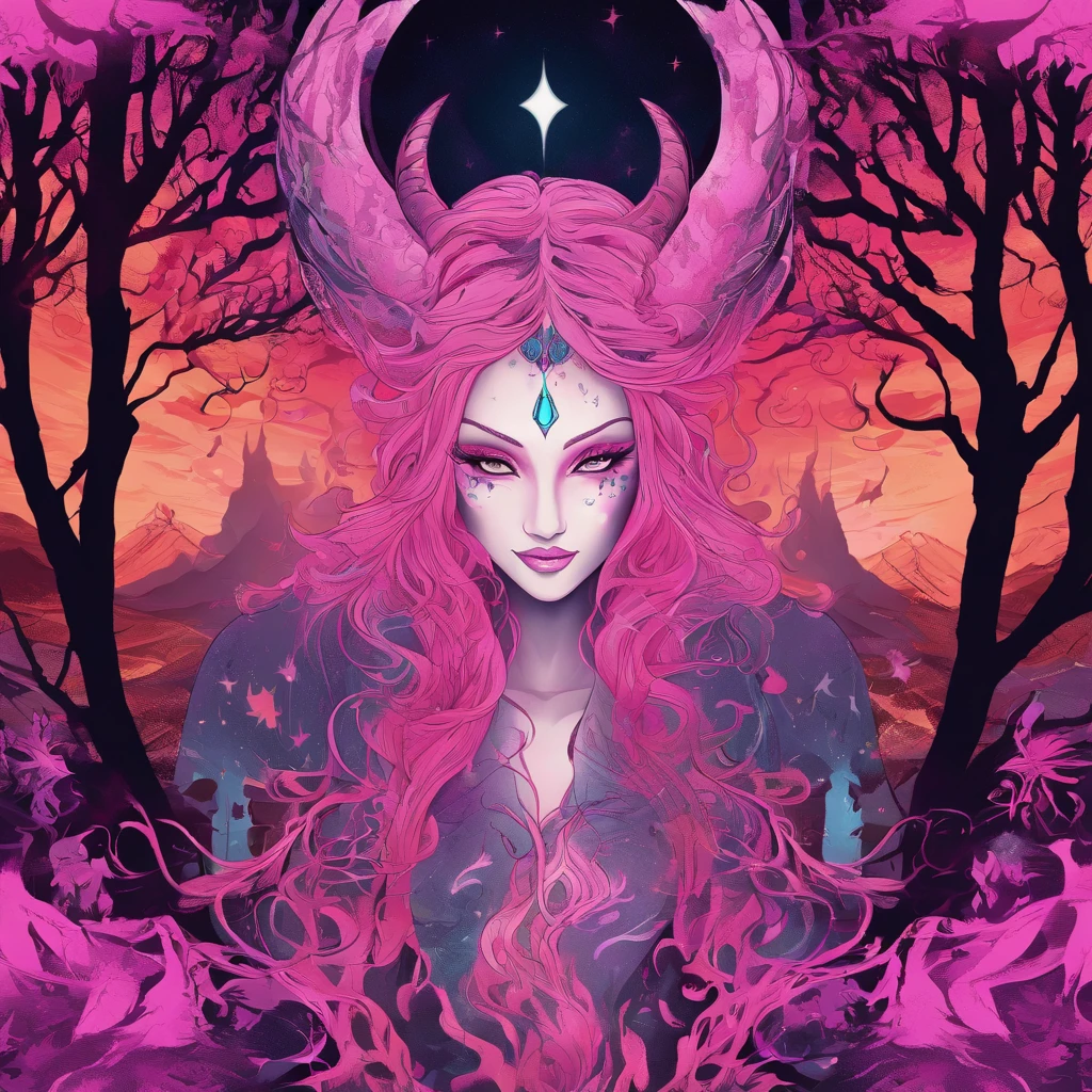 (a pink-haired demon woman,spells:1.1,glowing:1.1)(illustration)(best quality,ultra-detailed,realistic:1.37),demonic witch(demonic:1.1)(magic:1.1)(forest)(dark and mysterious,ominous atmosphere),casting powerful spells,creating magical energy(magic:1.1),vibrant pink hair(swirling pink hair)(flowing pink hair),horns(devil horns:1.1),piercing red eyes,enchanted scepter(magical scepter),elaborate dark robe,glowing magical sigils,fiery embers swirling(magical embers:1.1)(glowing embers),magical aura(glowing aura),eerie shadows,otherworldly presence(presence),sinister smile,nightfall in the background(dark night:1.1)(moonlit forest),lush and dense foliage(twisted trees)(mystical plants:1.1),mystical particles(swirling particles)(floating particles),ethereal glow(ethereal:1.1)(soft glow),faint moonlight breaking through the trees,haunting and captivating(scary atmosphere),bewitching beauty,wide range of colors(vivid colors)(contrasting colors),mystical realm,impressive details,dynamic composition,mesmerizing artwork,photorealistic style(picasso style),impressive shading and lighting,explosive energy,magical atmosphere(fantasy atmosphere),dreamlike scene
