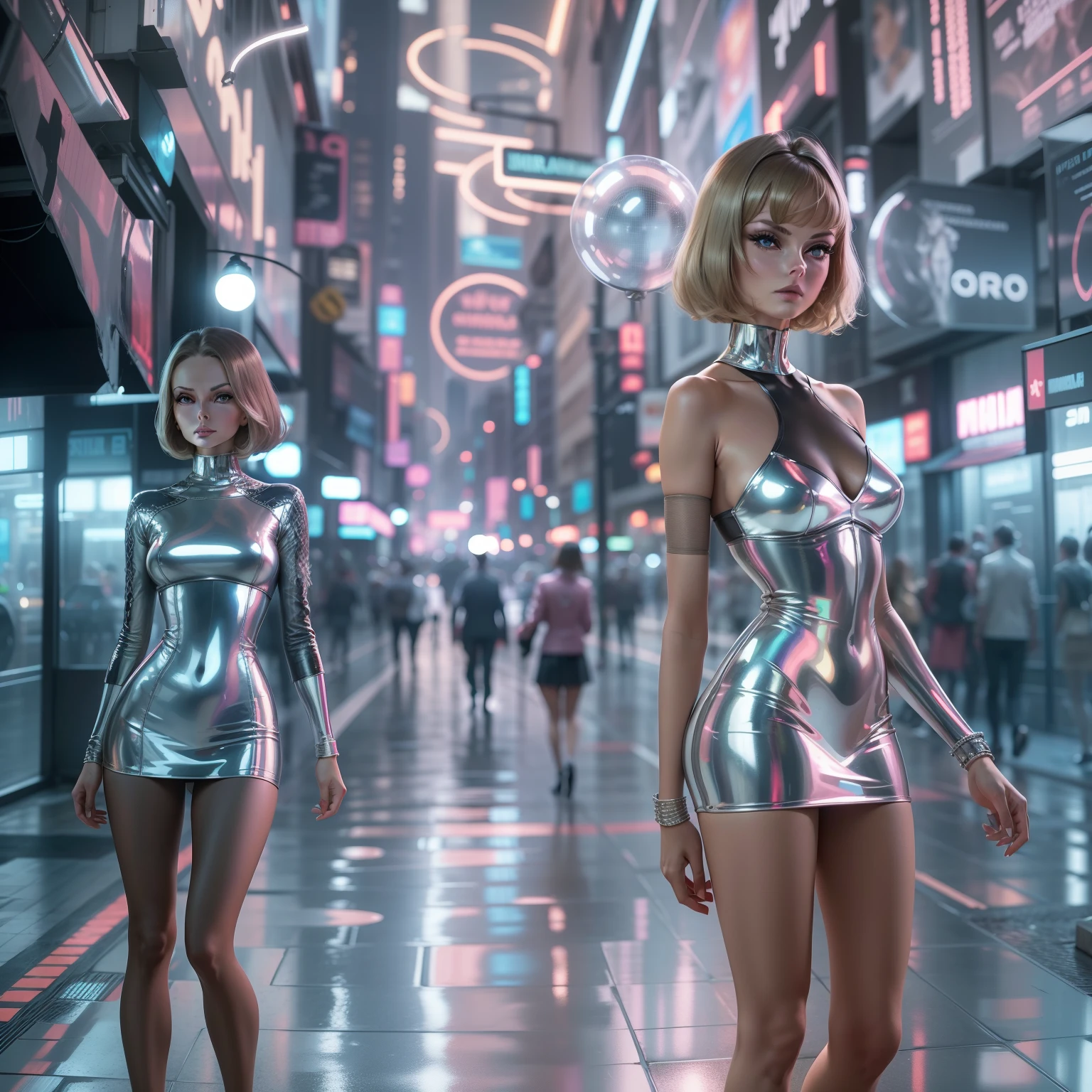 1girl, Virna Lisi, Jean Shrimpton, wearing reflective holographic metallic glass cellophane micro miniskirt walking futuristic city, perfect long legs, perfect thighs, short hair, cool enticing confident, cyberpunk, full spectrum, spectacular, ray tracing, professional photography, Hasselblad, 32k UHD, ultra-sharp Intricate fine details, HDRI, perfect face, perfect hands, half-smile