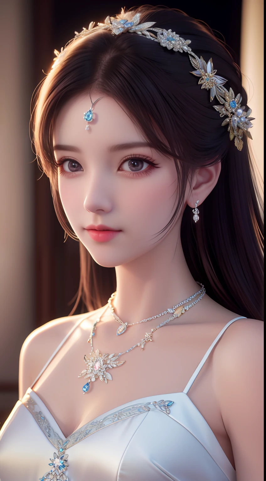 Best Quality, Masterpiece, High Resolution, 1girl, Porcelain Dress, Hair Accessories, Necklace, Jewelry, Beautiful Face, Physically, Tyndall Effect, Realistic, Dark Studio, Rim Lighting, Duotone Lighting, (High Detail Skin : 1.2), 8k uhd, dslr, soft light, high quality, volume light, candid, photo, high resolution, 4k, 8k, bokeh