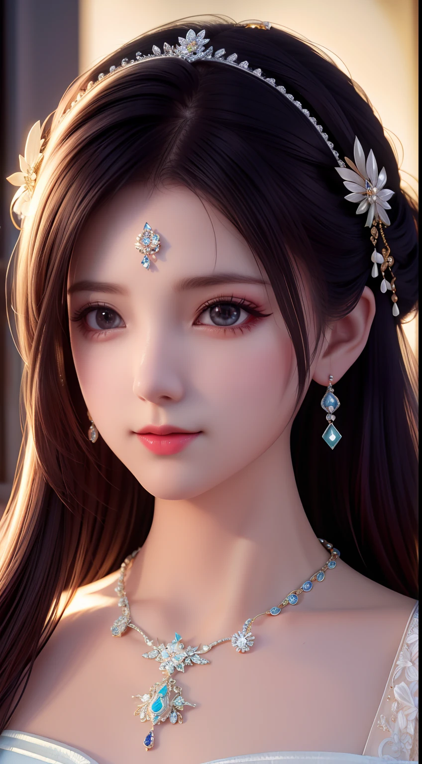 Best Quality, Masterpiece, High Resolution, 1 Girl, Porcelain Dress, Hair Accessories, Necklace, Jewelry, Beautiful Face, Physics, Tyndall Effect, Realistic, Dark Studio, Rim Lighting, Duotone Lighting, (High Detail Skin: 1.2), 8k uhd, DSLR, soft light, high quality, volumetric light, candid, photo, high resolution, 4k, 8k, bokeh