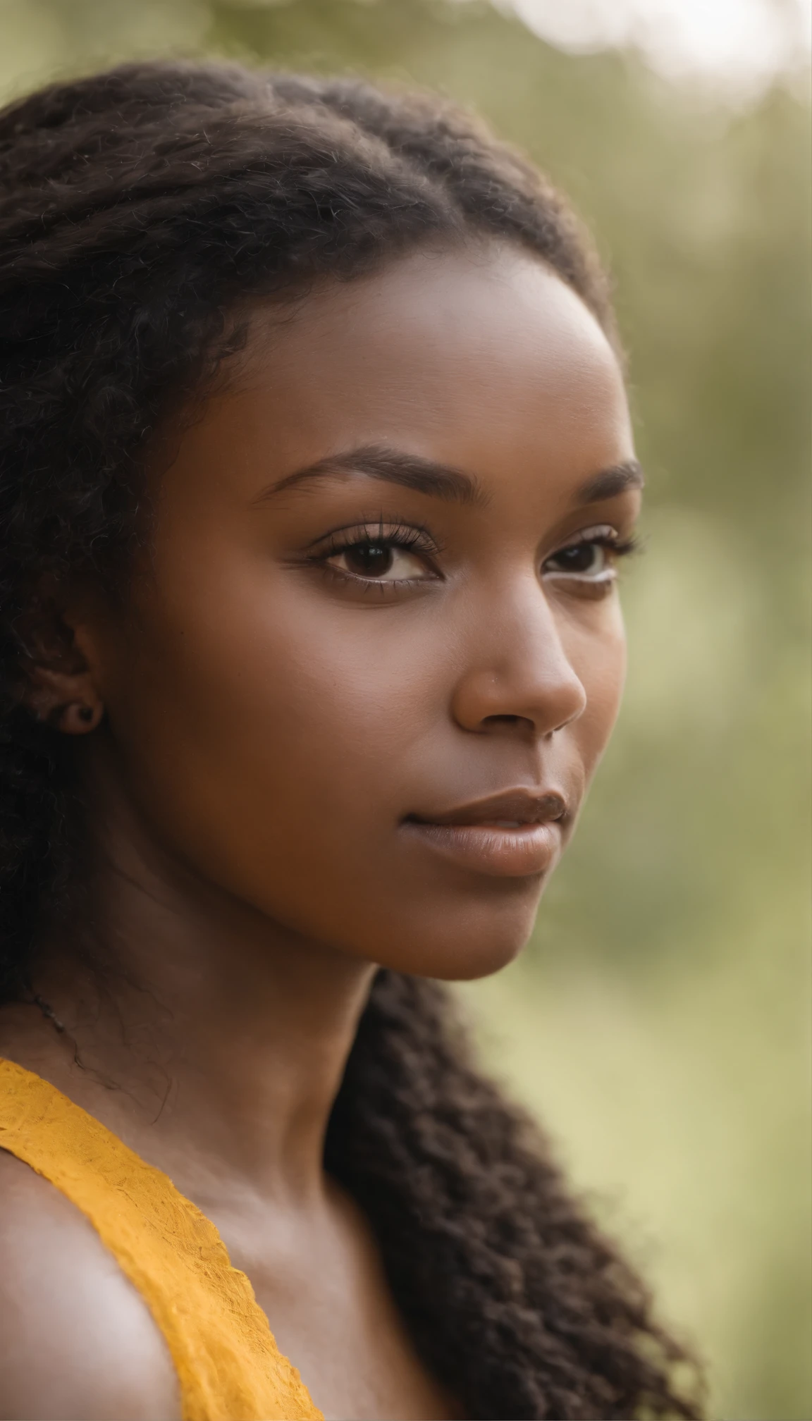 portrait en pied de femme noire, nez pointu, frizzy hair, robe jaune longue africaine, boucle d'oreille en bois marron, bracelet en bois marron, dans un fond simple vert olive