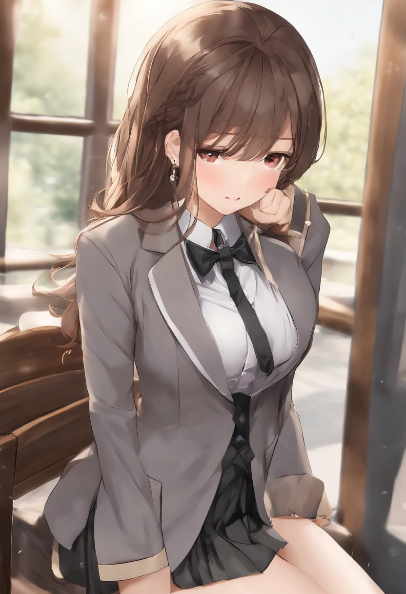 anime, estilo anime de mujer realista, (aegyo sal: 1), 18 years old girl, (blazer gris, cinta, minifalda plegada, calcetines, uniforme de escuela privada: 1.2), aula de secundaria, hermoso detalle en los ojos, (eye size: 3/4) luz en la cara, ((foto de cuerpo completo: 1.2)), luz especialmente fuerte, (ojos superiores, sonrisa sonriente: 1.2), piel brillante, (((cabello negro, cabello bob: 1.2))), (muslos gruesos), ulzzang-6500-v1.1: 0.2, bashful, (flash: 1.2), NSFW , (hinchado), ((postura seductora: 1.2, atractivo: 1.2)), (inactivo), (sentado en un escritorio en el aula: 1.2)), ((good anatomy: 1.2)), ((aula brillante y refrescante, fondo borroso: 1.2)), cara perfecta, cara linda y simetrica, (High Angle Shot: 1.2)s., Natural side lighting, ((8k, fotos RAW, calidad superior, obras maestras), High Definition RAW color photos professional close-up photos, (realista, fotorrealismo: 1.37), (highest quality), (mejores sombras), (mejores ilustraciones), Clavicles ((grandes)), ((erotic, sexy, ultra-high-resolution, 8K HD Unified CG Wallpapers, Physical representation, movie lighting), Canon EOS R50 camera 50mm lens