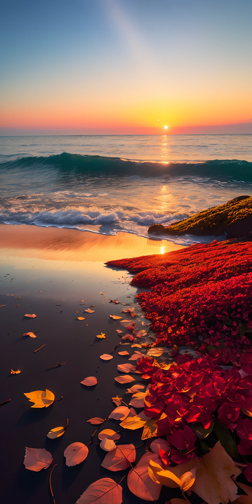Nature, Detailed lighting, flower  sea, sky, Sunset, breeze, Fallen leaves, precipice, The most beautiful place on earth