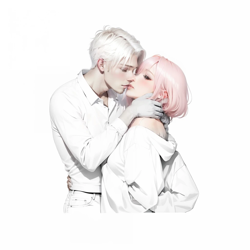 a drawing of a man with short platinum hair, and a woman with long pink hair, hugging each other, couple pose, couple in casual clothes, couple kissing, Gentle and calm pose, realistic art