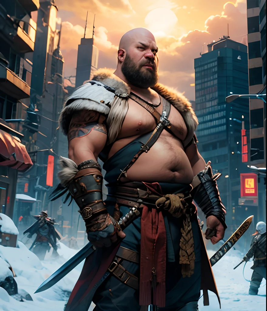 Fat, bald barbarian with sword in hand and skull in the other hand.