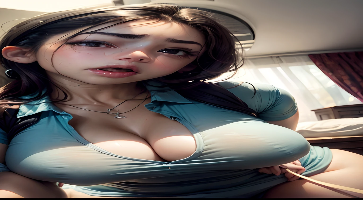 realista、 na camisa polo,Penteado Loiro Twin Tail Face Real,Fazendo poses sensuais na cama、Look up from below and make eye contact、boca aberta、expression of desire、Cleavage emphasis,Opera House,Mamas aumentadas,Cleavage emphasis,Zoom extra grande no peito,Zoom de peito
