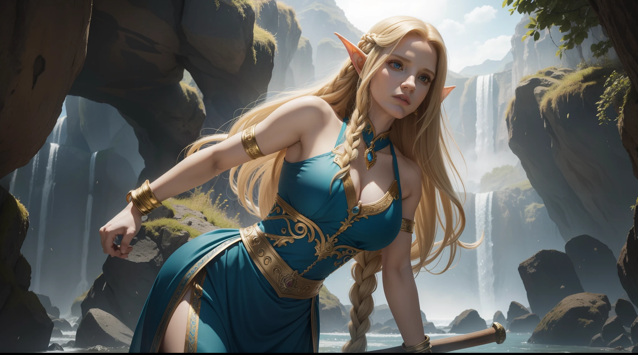 (Best quality, 8k, 32k, Masterpiece, UHD:1.2),Beautiful female elf, woman elf, athletic, large breasts, cleavage, battle scene in background, masterpiece, perfect lighting, uhd, 8k, (wearing armor), lord of the rings, (fighting pose, holding a dagger in each hand), 1girl