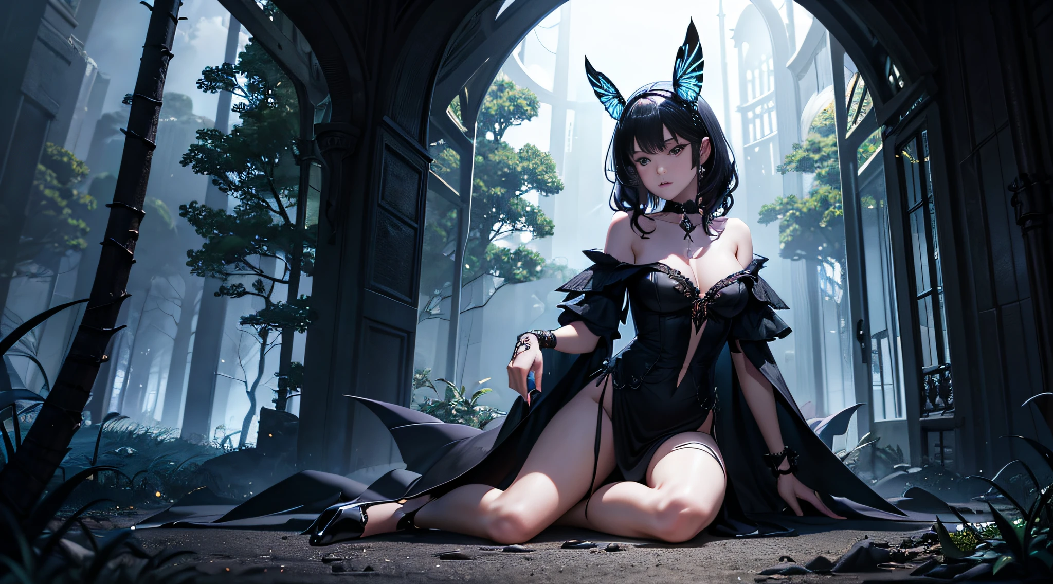 sexy full shot body photo of the most beautiful artwork in the world, illustration, cinematic light, wide angle lens, fantasy, high res, highest quality, ultra detailed, best quality, masterpiece, (detailed face), sitting on the forest floor, sexy mature woman wears a black gothic dress full body , floating cloth, choker, glowing (elder underworld fantasy) forest plants with neon details, open shoulders, tiny glowing butterfly, pet(crow)(raven), hair jewelry, brunette, curly hair, (focus on body:1.25), night, small mutated animals in background, emitting magic energy, dark, light reflection, Skilled, Lethal Assassin with Magic Spells, C Teenage Girl with Intelligent Raven Familiar, Shadowy and Stealthy with Deadly Weapons, Enchanted Fantasy Gothic Style, Mysterious and Thrilling Action. crow on shoulder, spell casting, witch, mature woman,