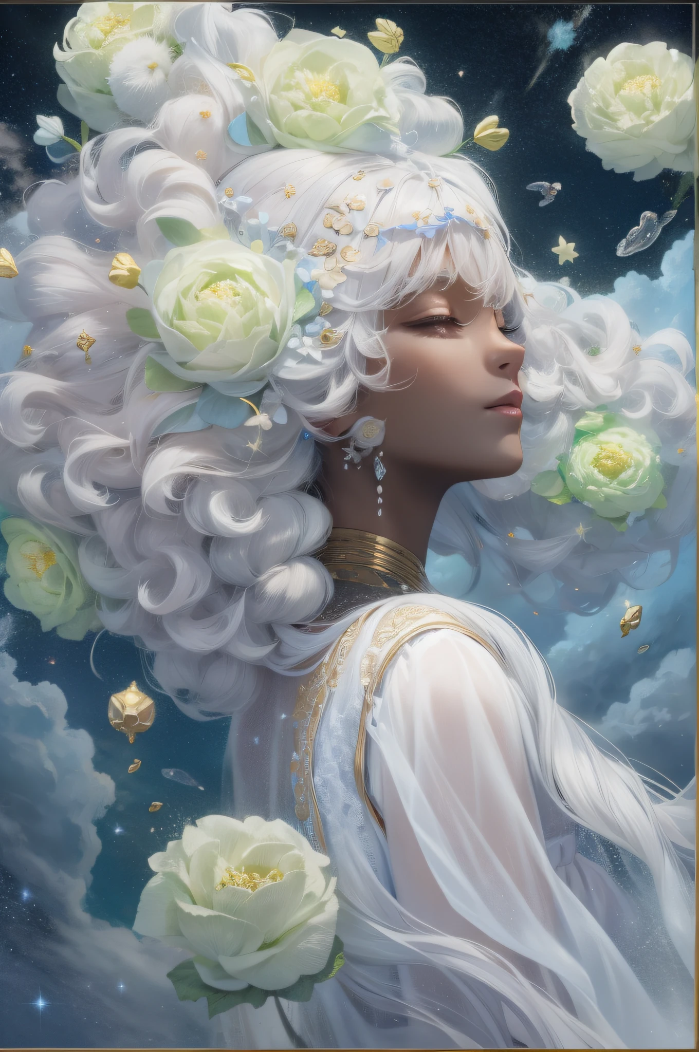 celestial goddess, floating, clouds,galaxy,nebula,big white flowers in hair