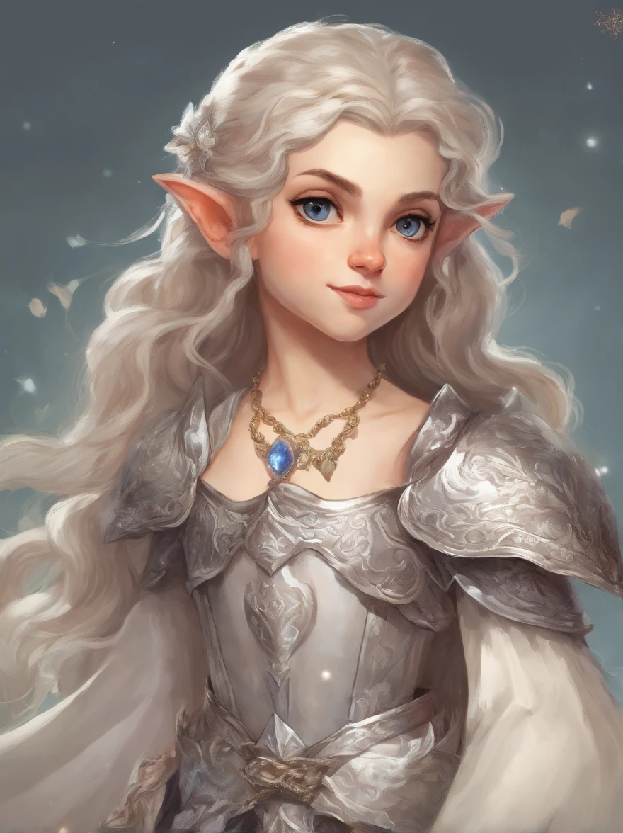 Halfling, Wearing Minerva Bustier, moon-silver armor that glows with a white cape, masterpiece, best quality